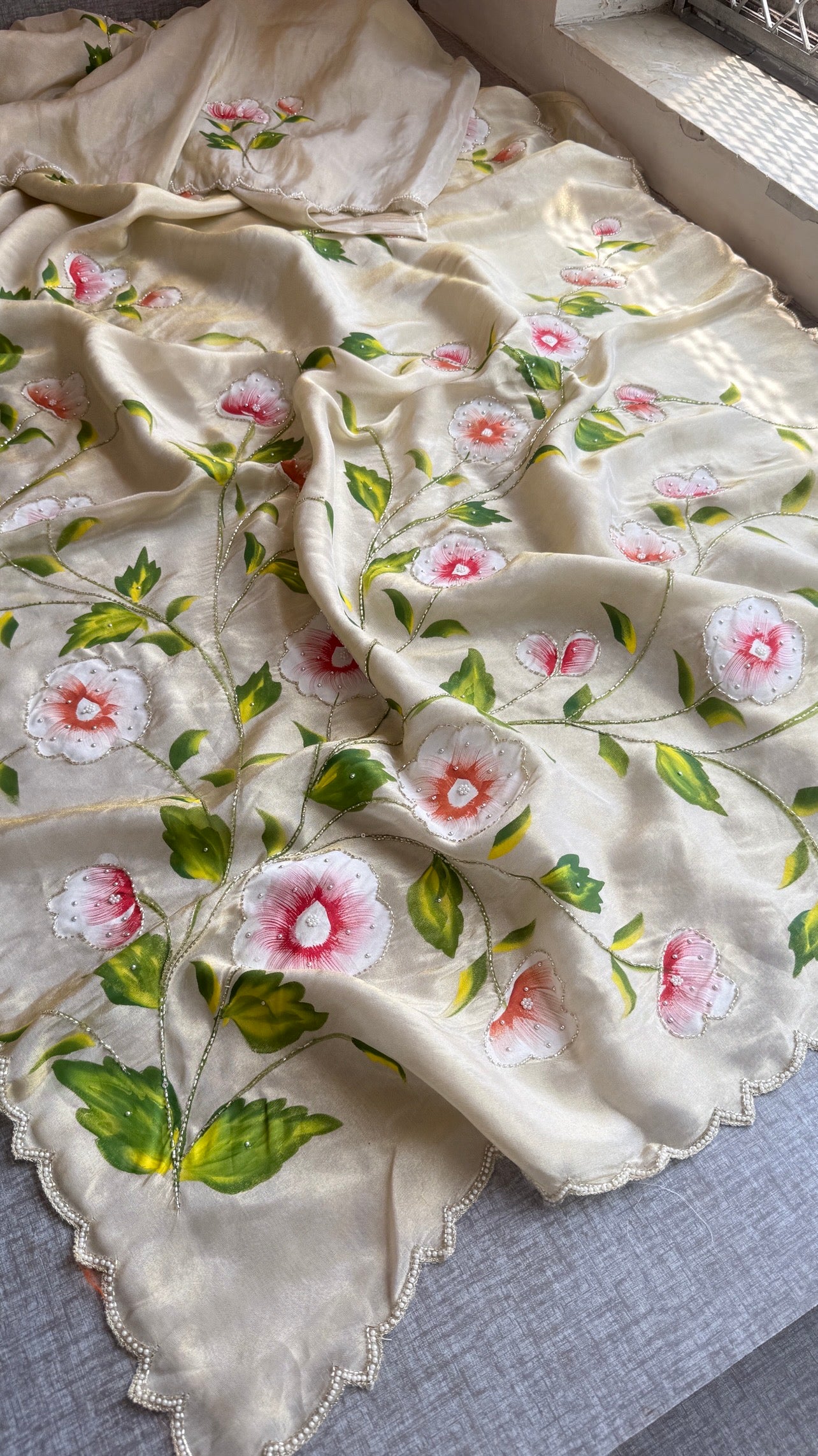 Pure cosmo silk hand painted Saree intricate with sequins and kutdana work