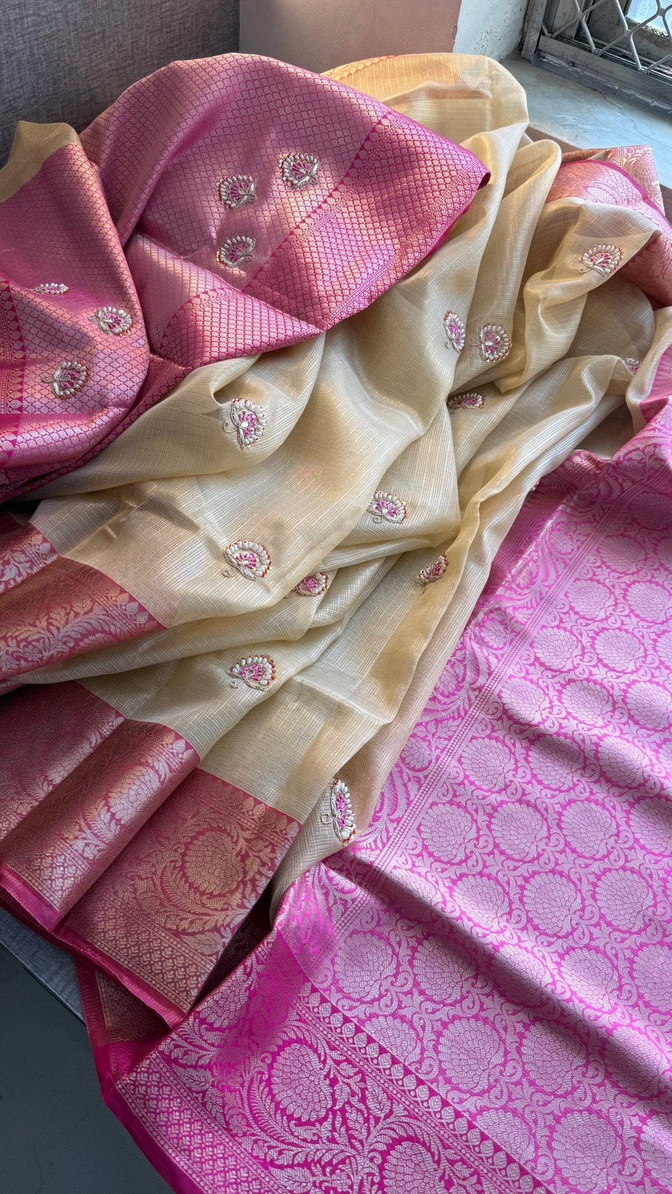 Soft Tissue Kota Silk Banarasi Weaving Saree with Gotapatti, Pearl & Sequin Embellishments
