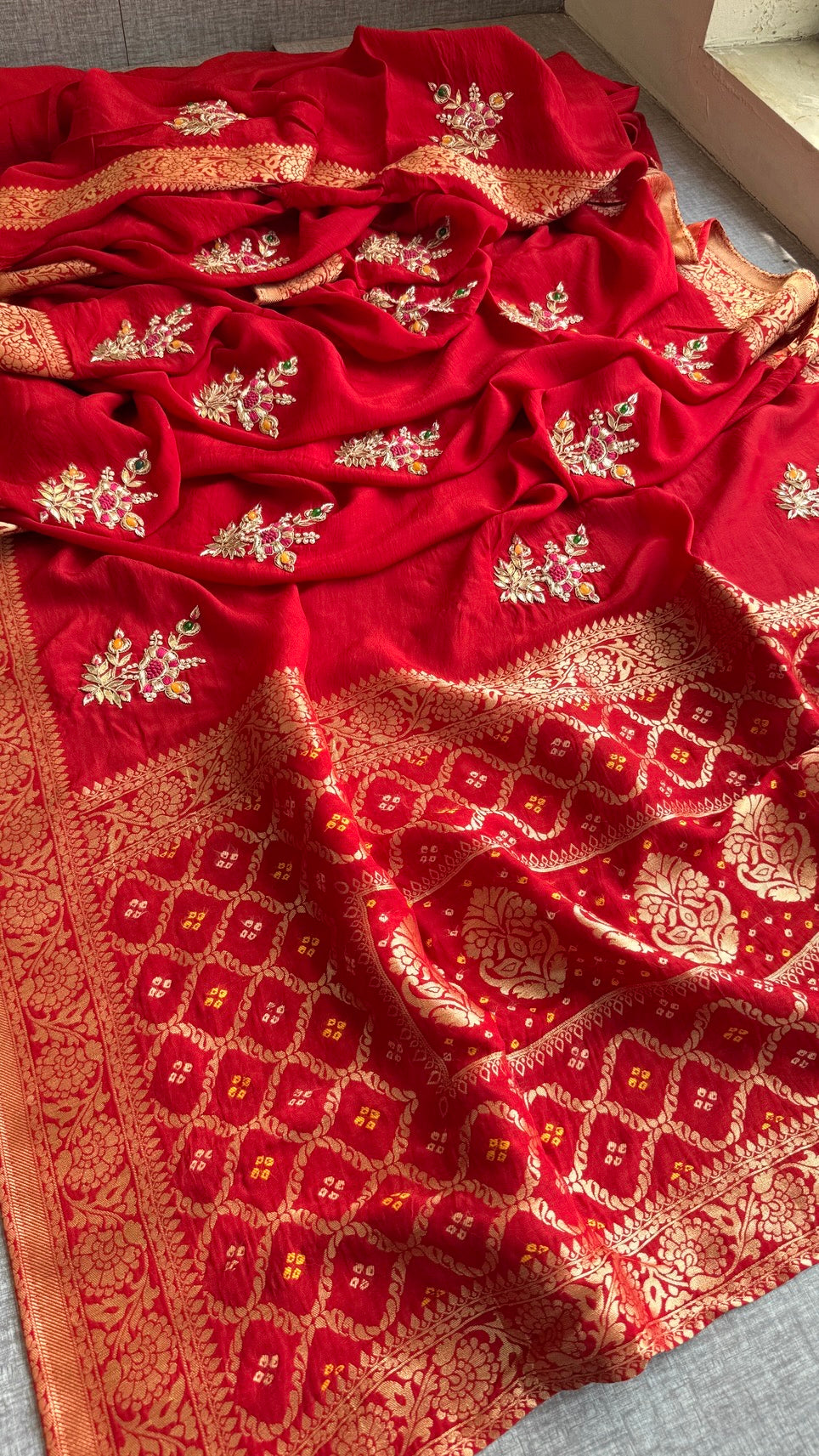 Beautiful Precious Stone Saree | Banarasi Zari Weaving Saree | Handcrafted Gota Patti & Zardozi Work | Bridal & Festive Designer Saree