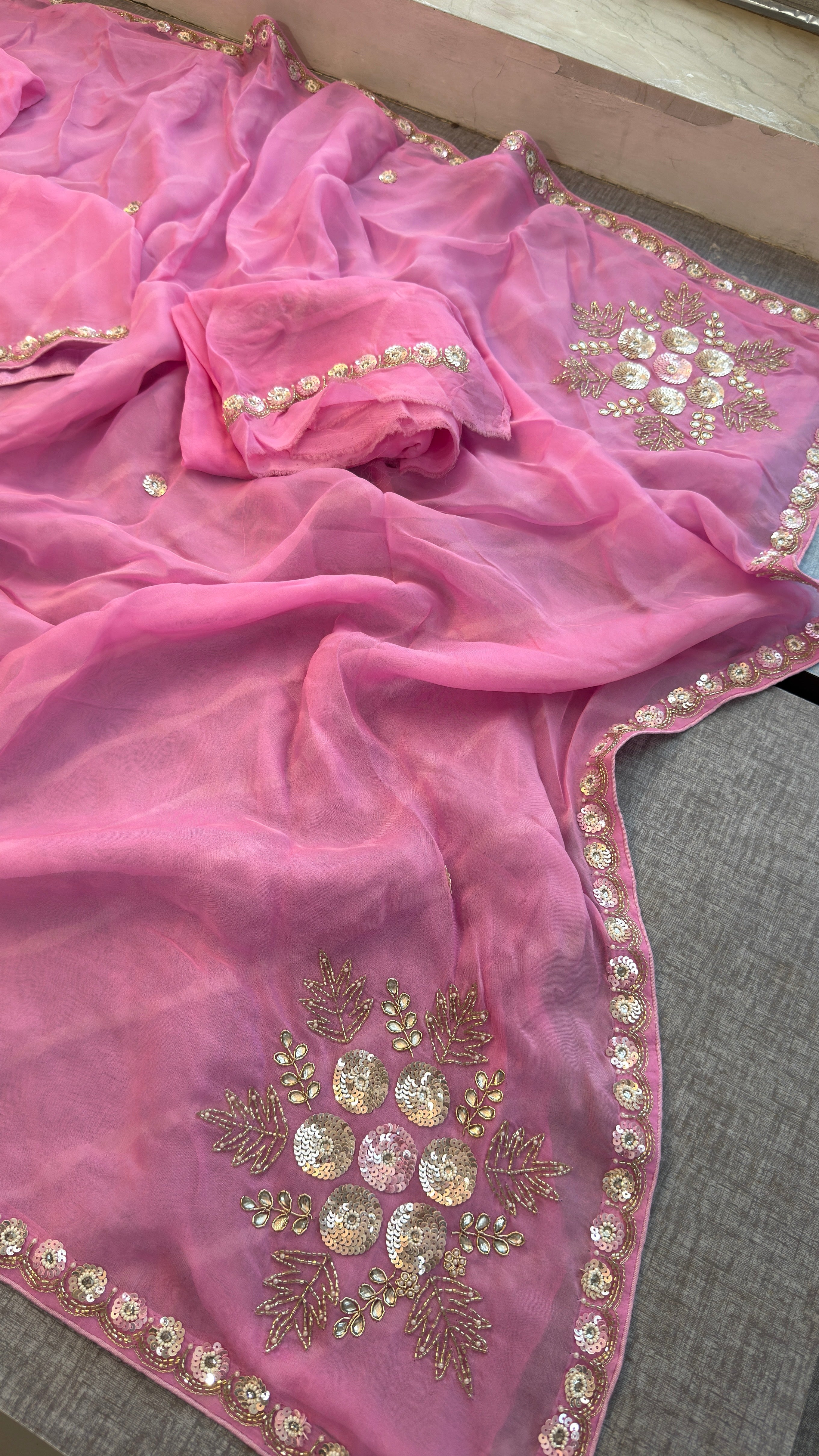 Pink Organza Leheriya Saree | Zardozi & Sequin Handwork Saree | Designer Partywear Saree