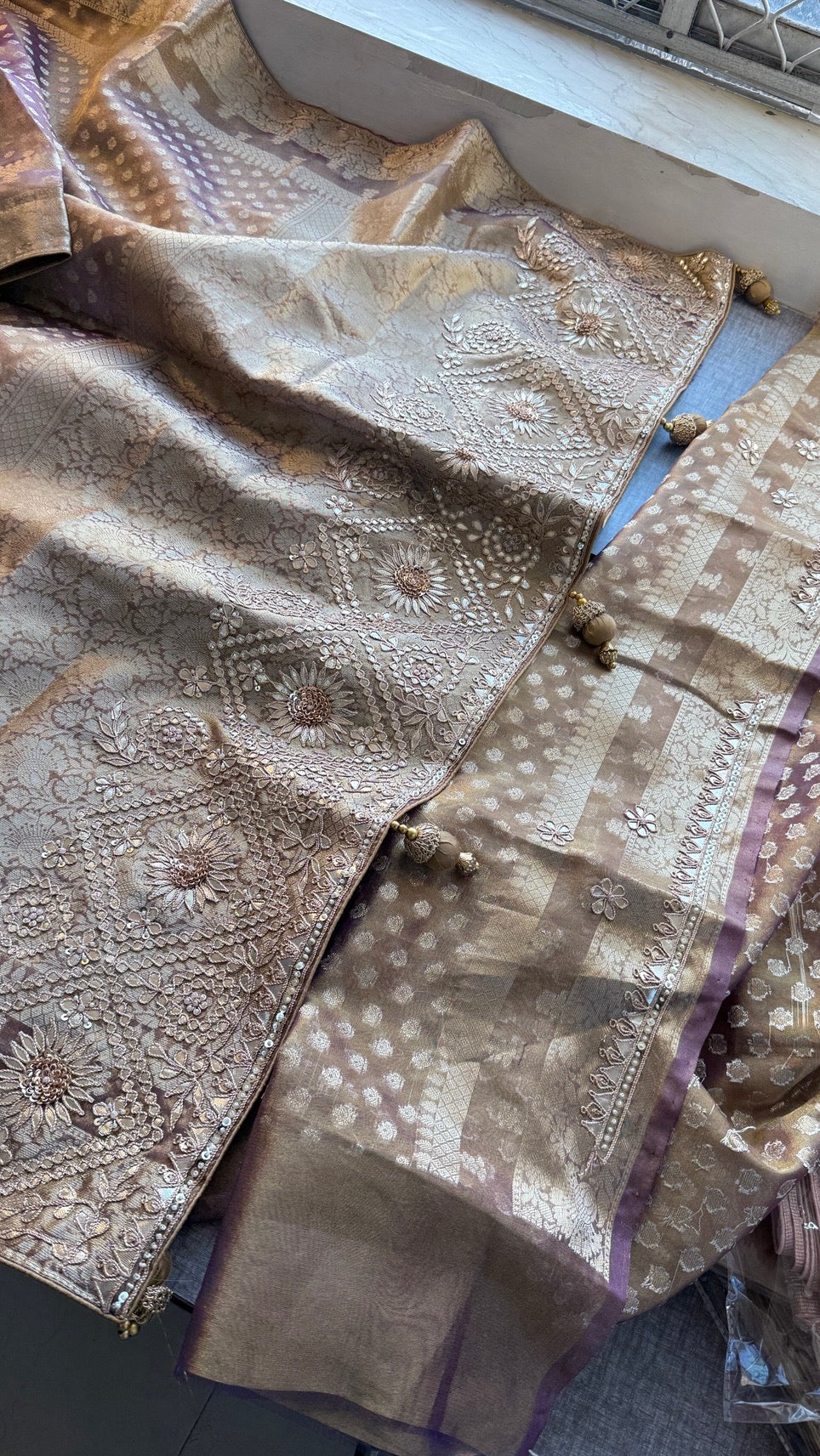 Soft Tissue Silk Banarasi Weaving Saree with Zardozi, Gotapatti, Pearl & Sequin Work