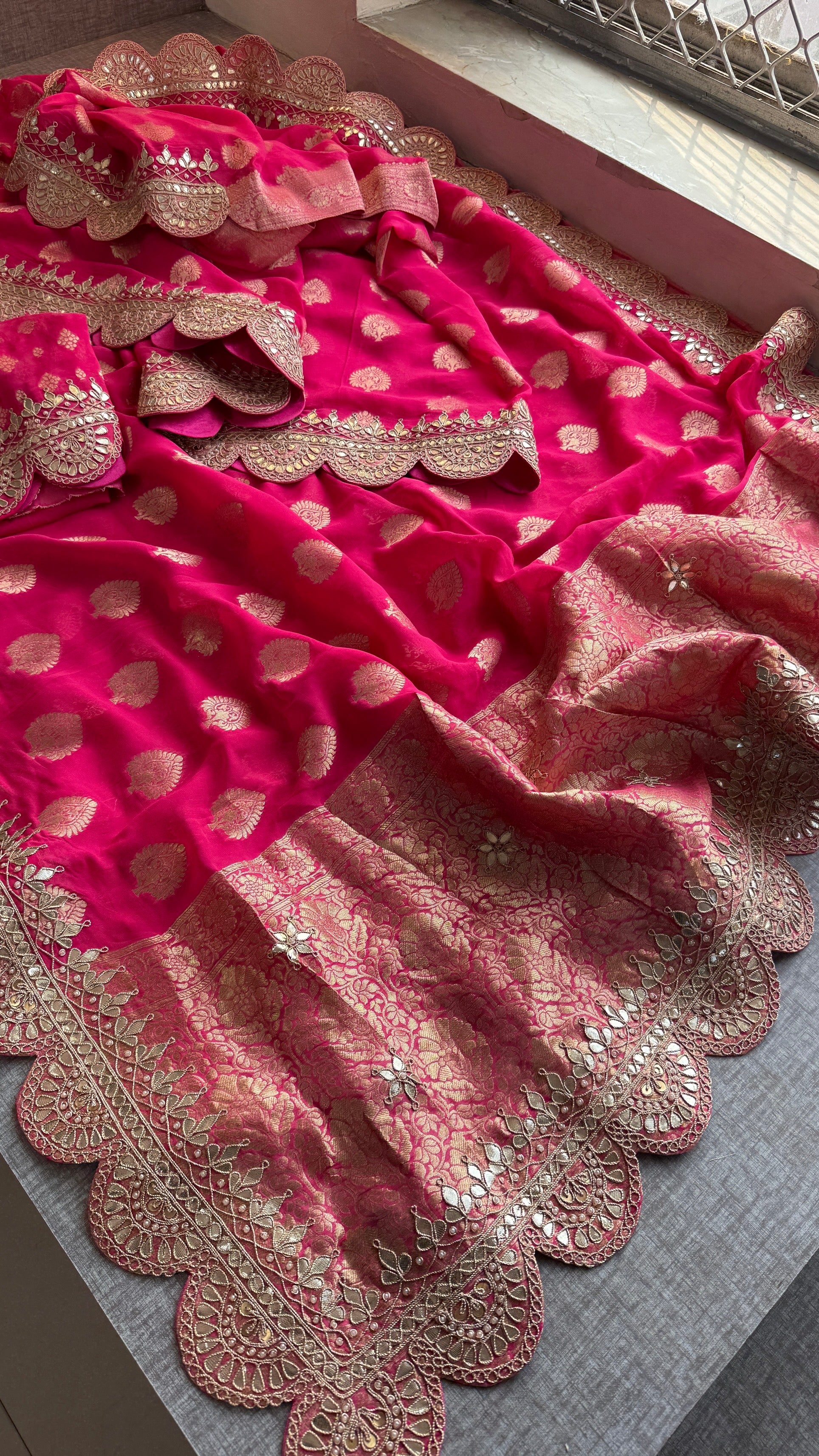 Royal Hot Pink Khaddi Georgette Banarasi Saree with Intricate Gotapatti, Zardozi & Pearl Scalloped Border