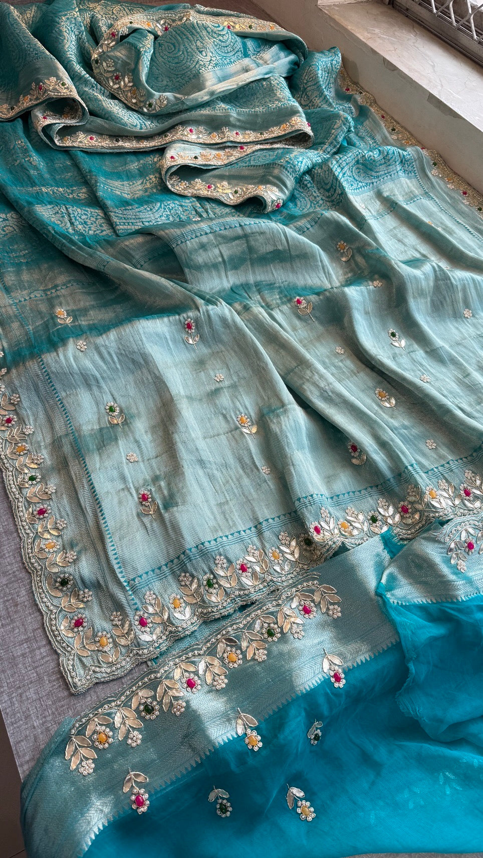 Royal Khaddi Georgette Banarasi Zari Weaving Saree with Gotapatti & Jewellery Stone Embellishment