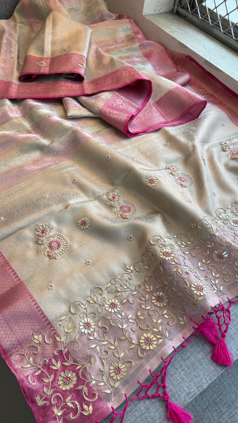 Pure Soft Tissue Silk Saree with Heavy Pallid Brocade & Banarasi Zari Border