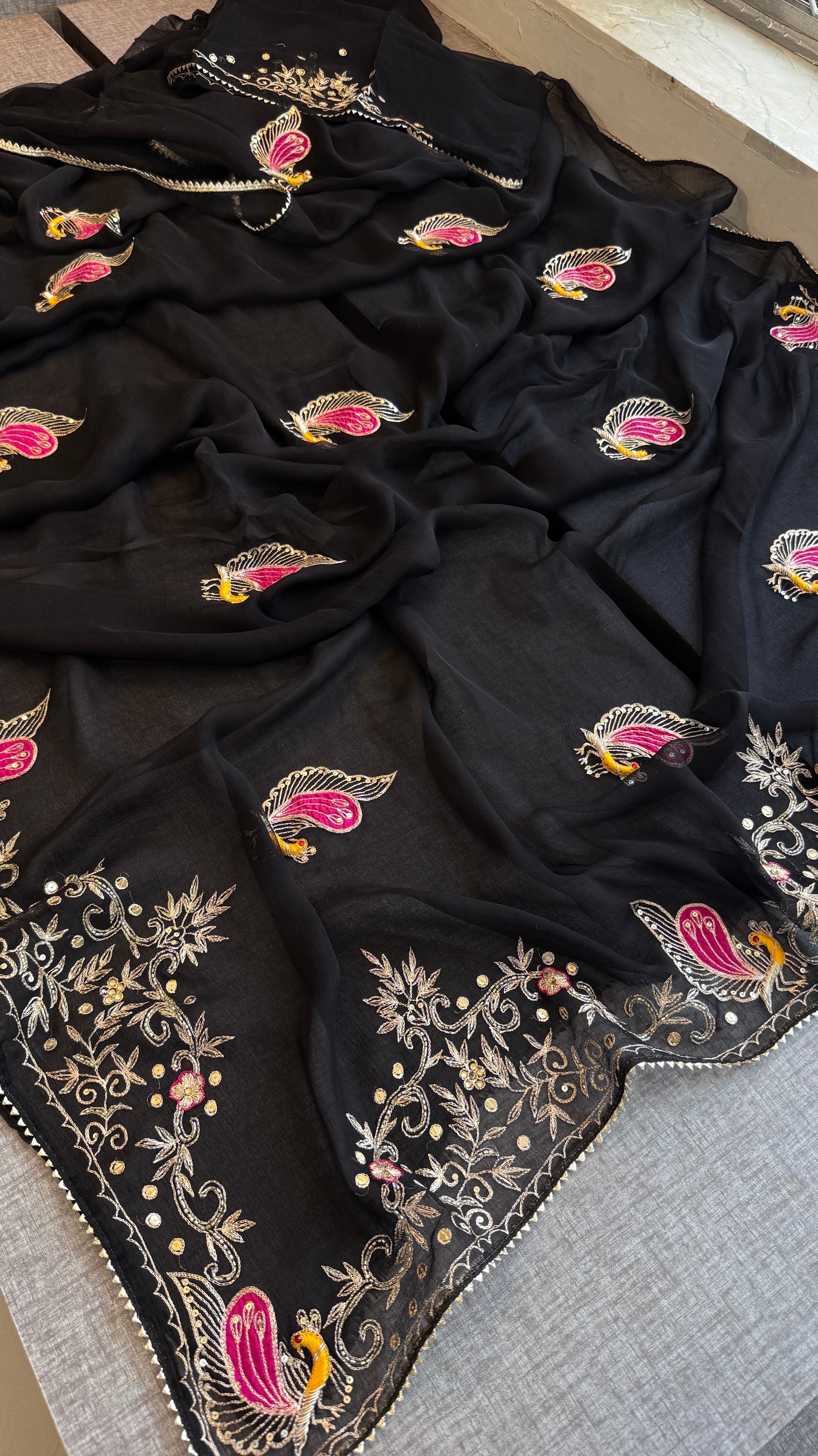 Black chiffon Saree with zardozi, kutdana and sequins work