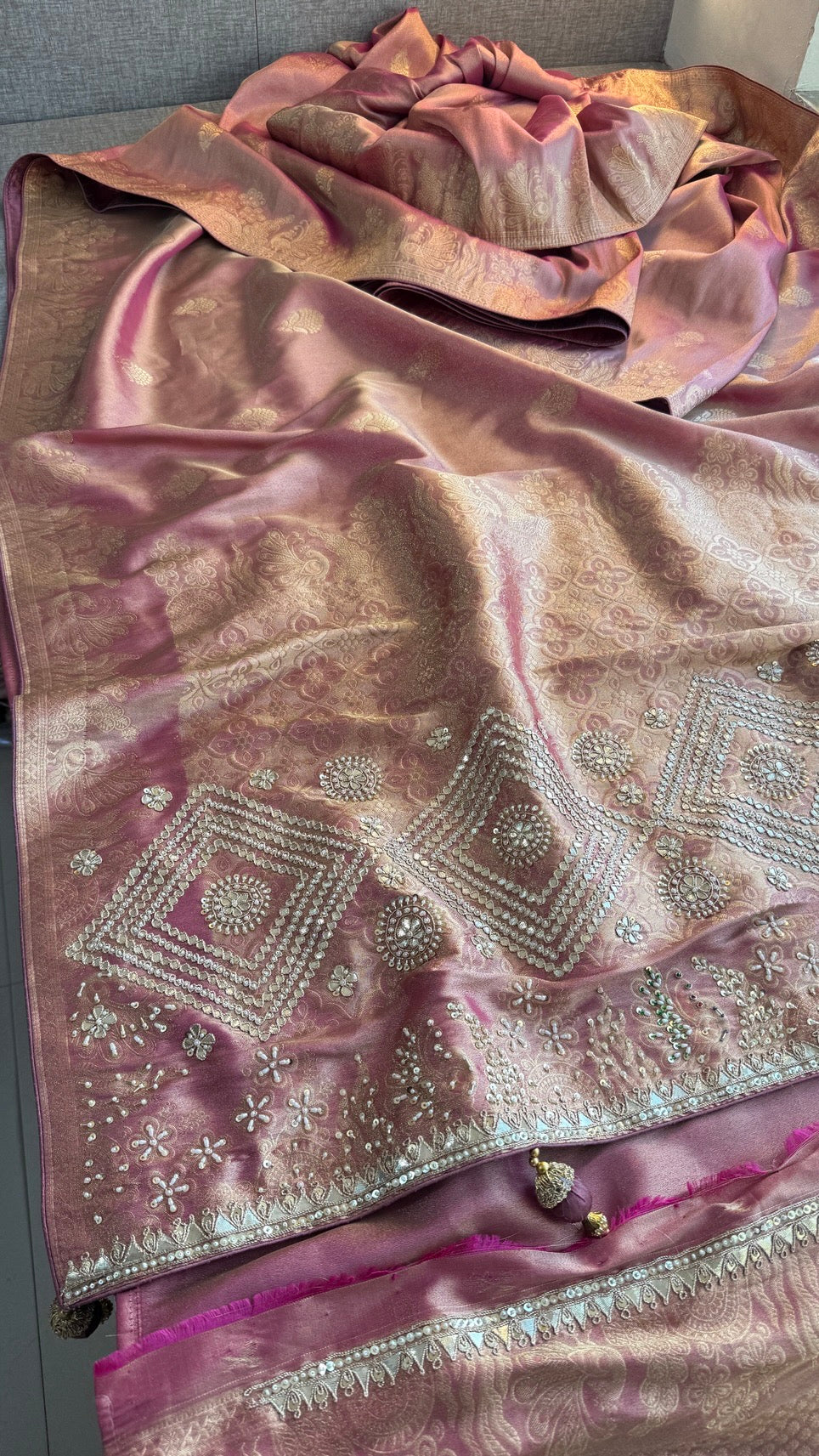 Soft Tissue Silk Banarasi Weaving Saree with Zardozi, Gotapatti, Pearl & Sequin Work
