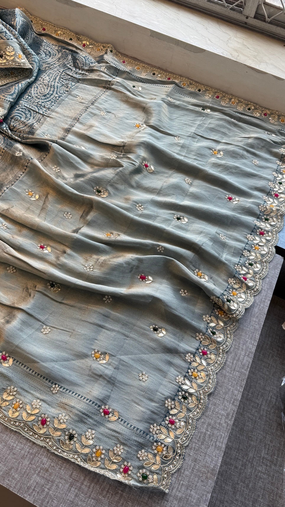 Royal Khaddi Georgette Banarasi Zari Weaving Saree with Gotapatti & Jewellery Stone Embellishment