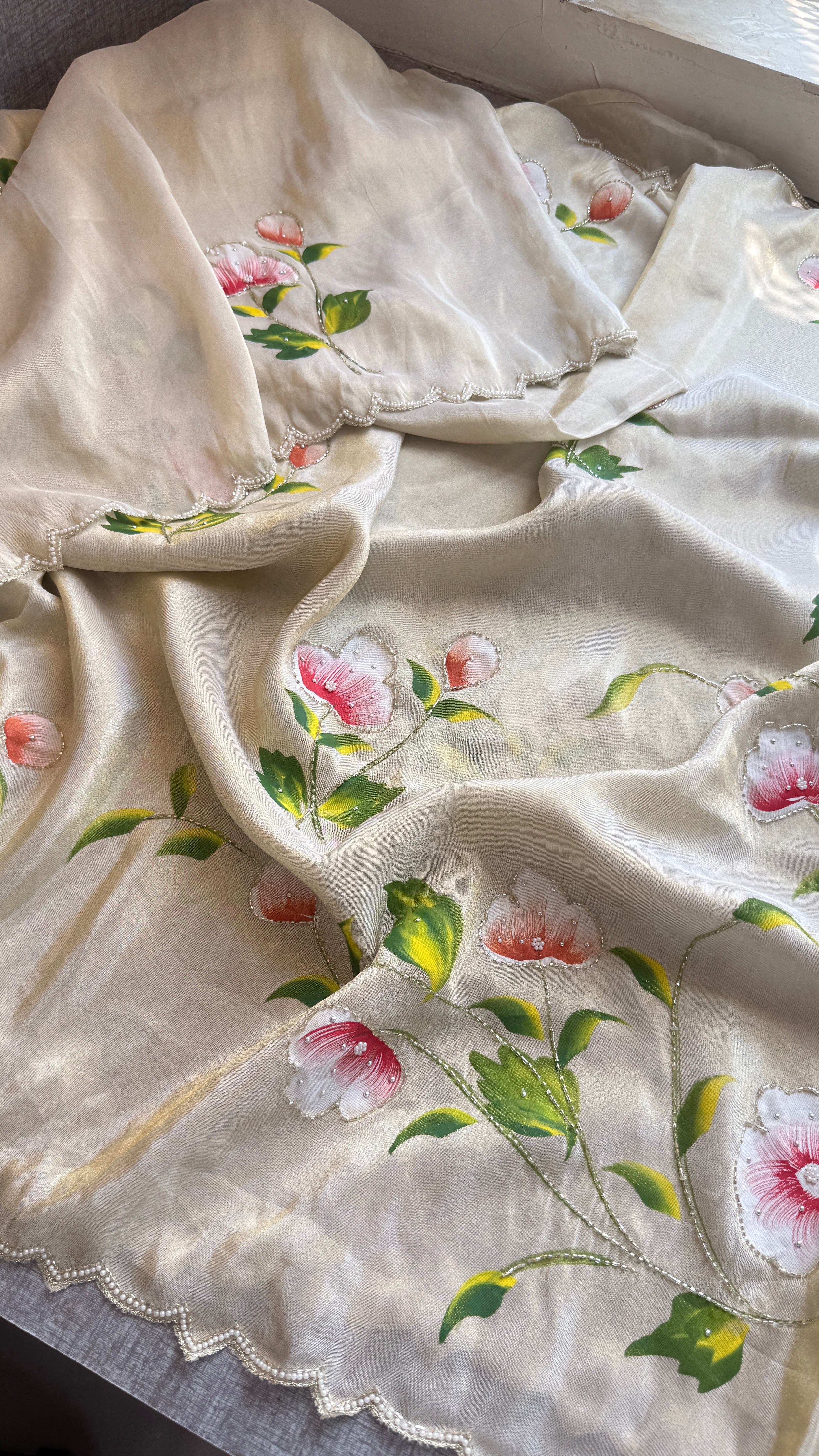 Pure cosmo silk hand painted Saree intricate with sequins and kutdana work