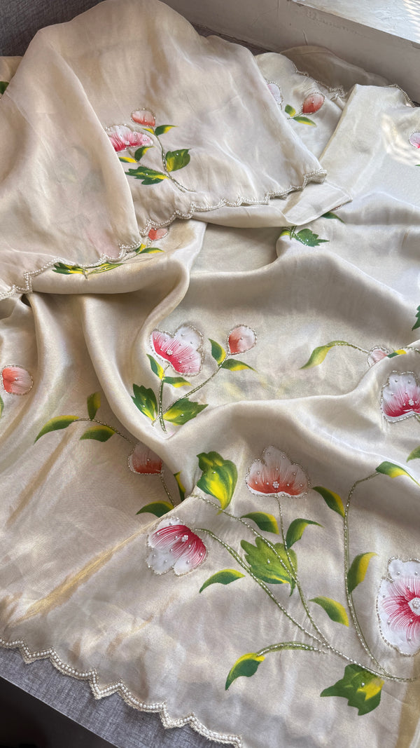Pure cosmo silk hand painted Saree intricate with sequins and kutdana work