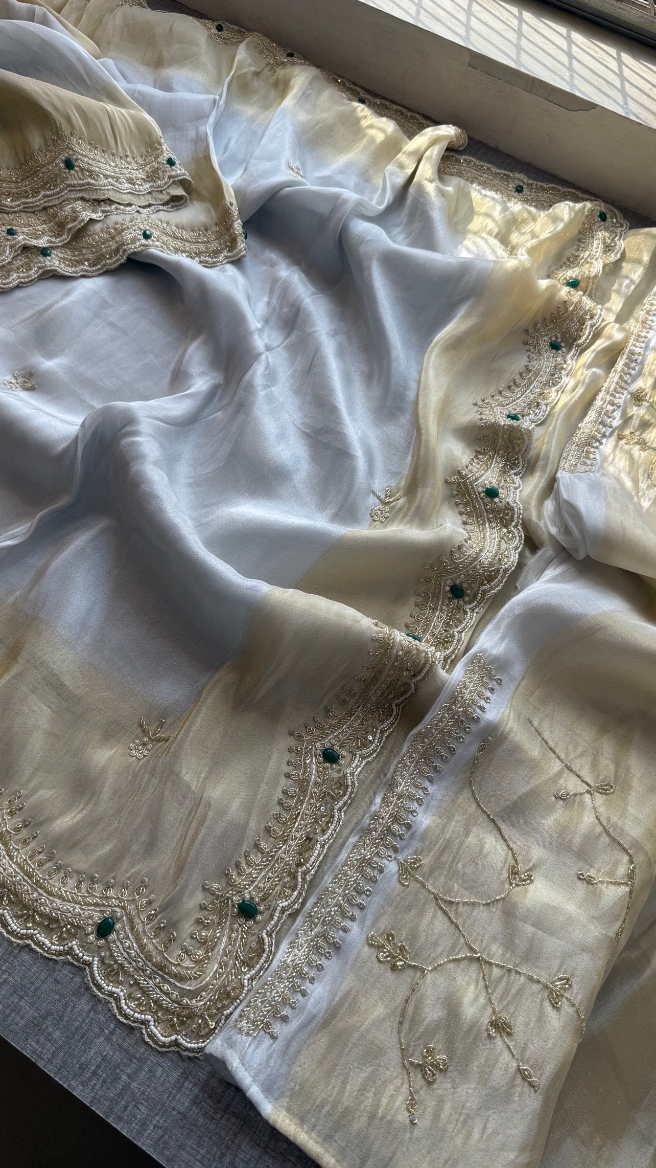 Cosmo Silk Saree with Cutdana, Pearl & Resham Work | Designer Blouse & Stone Embellished Party Wear