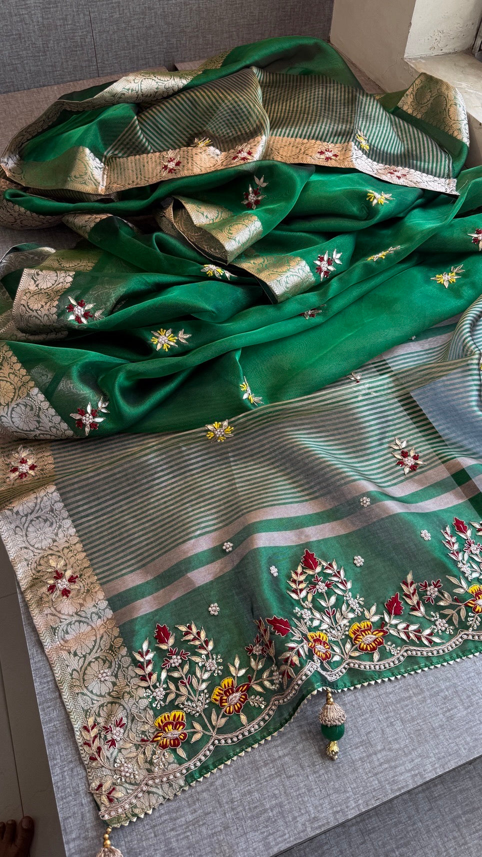 Luxury Tissue Silk Saree with Heavy Handwork Border & Designer Blouse