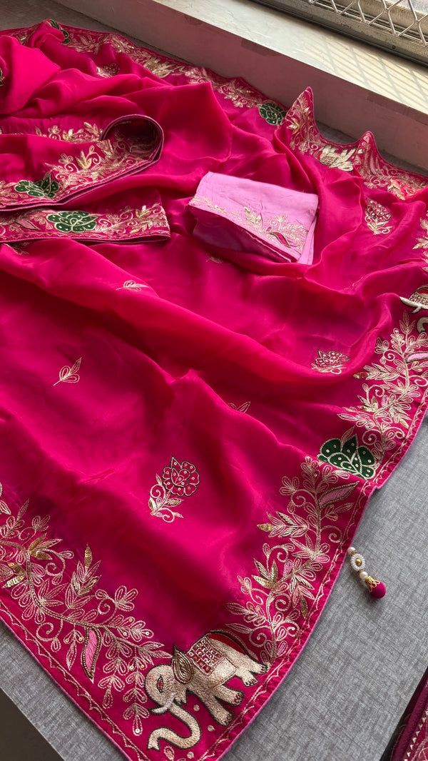 Soft Munga Silk Saree with Resham, Cutdana & Sequin Work with Designer Blouse