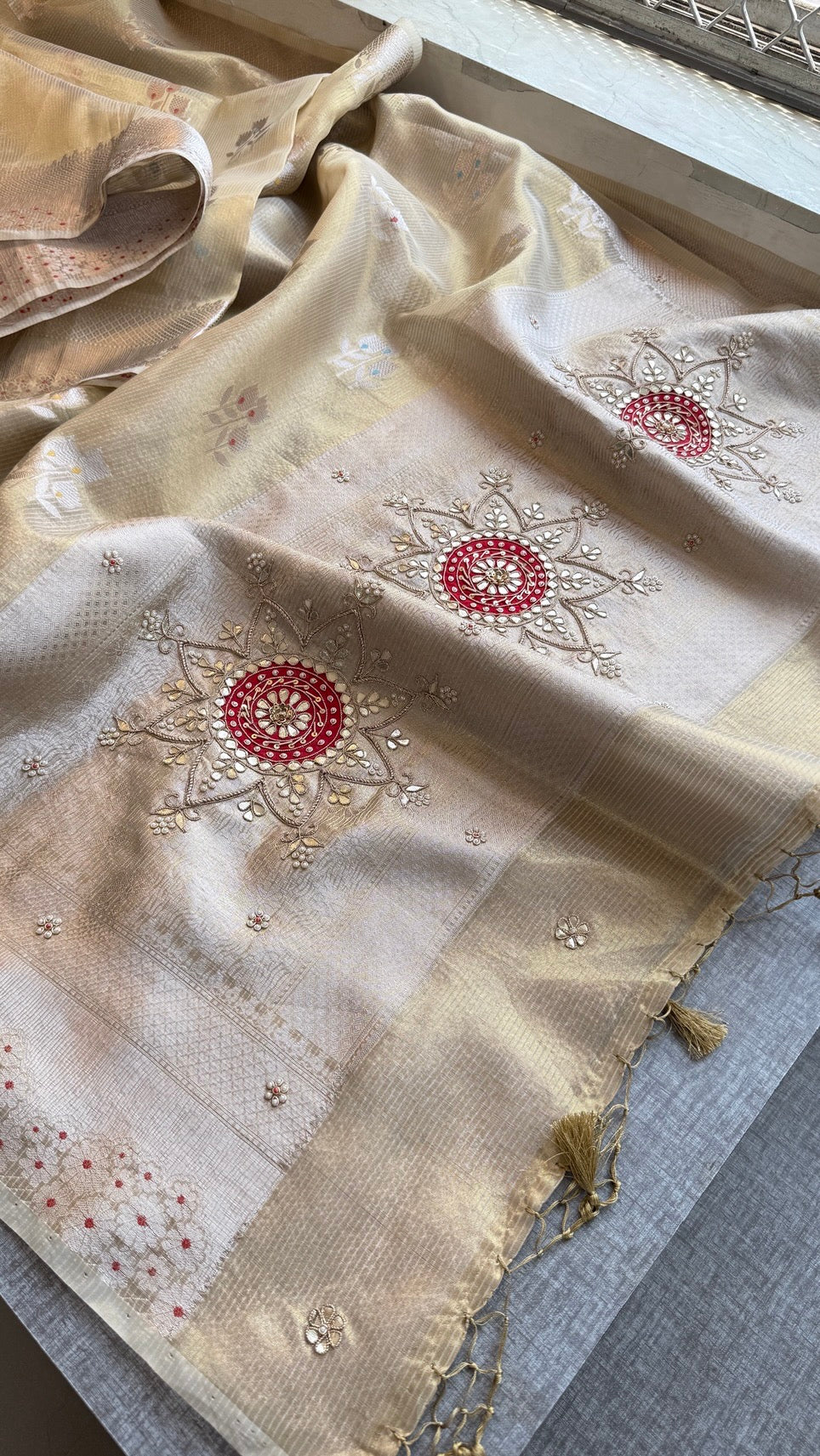 Pure Soft Tissue Silk Banarasi Weaving Saree with Heavy Zardozi & Gotapatti Work