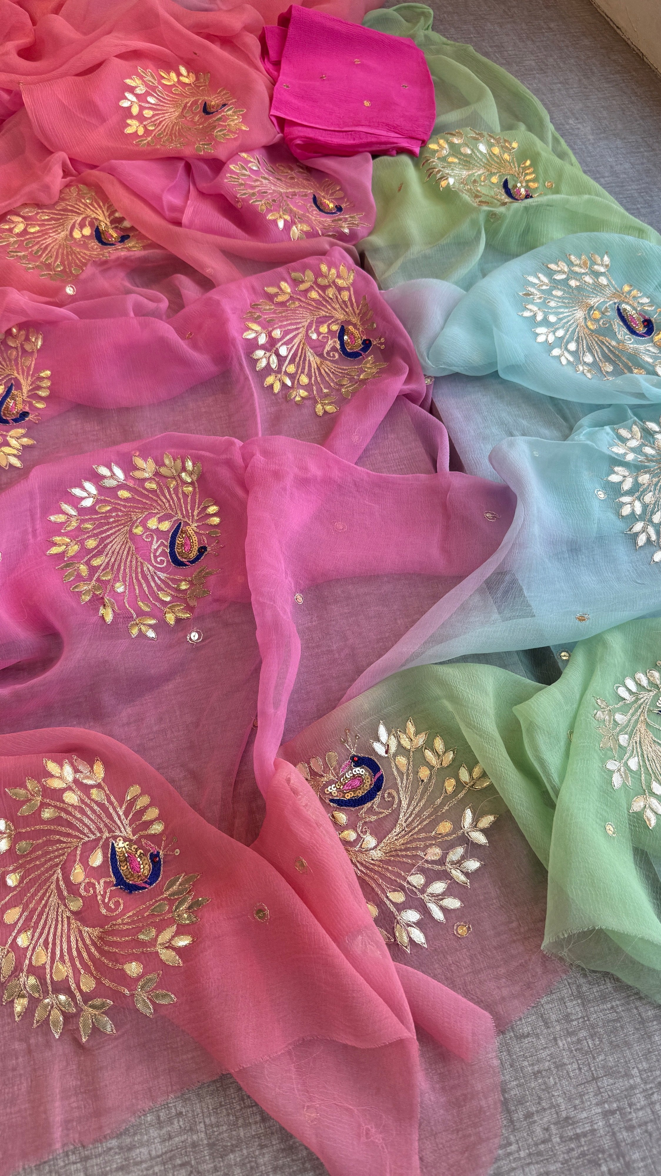 Pure Chiffon Peacock Embroidered Saree with Matching Blouse
