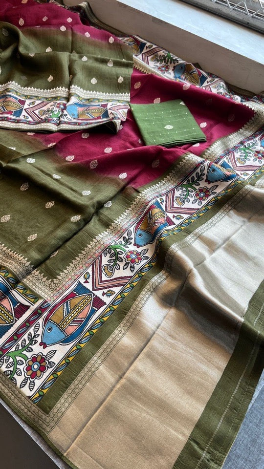 Soft Munga Silk Banarasi Kanni Weaving Saree with Madhubani Border