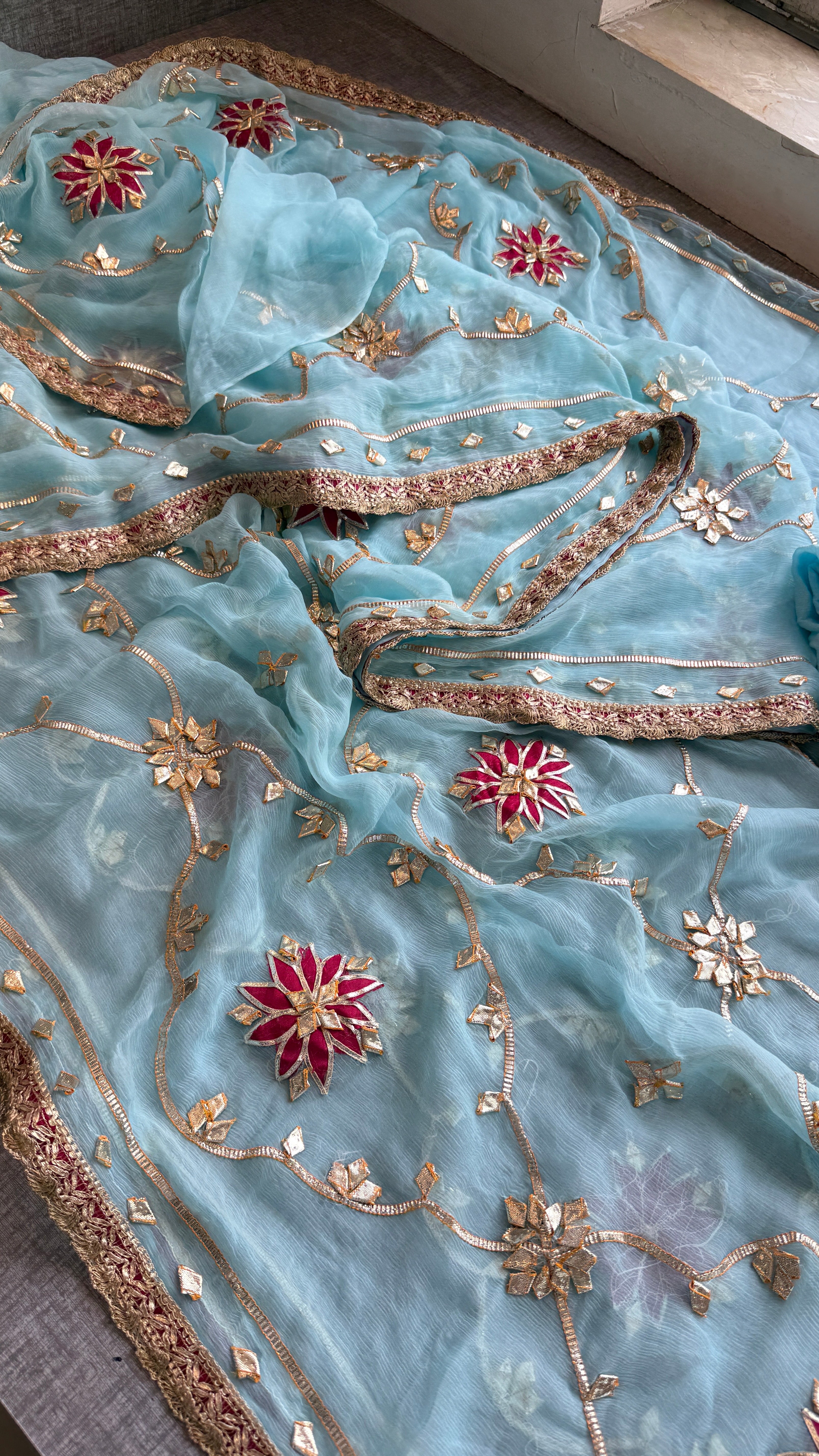 Firozi Chiffon Sikhiya Gotapatti All over Jaal Saree