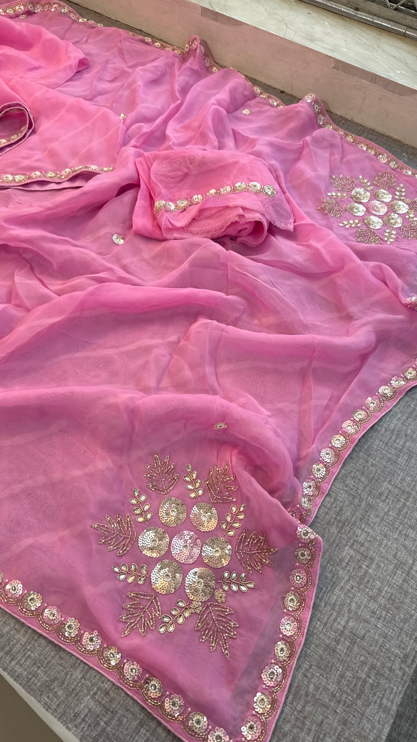 Pink Organza Leheriya Saree | Zardozi & Sequin Handwork Saree | Designer Partywear Saree