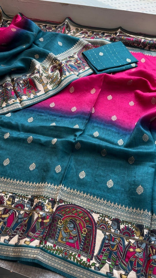 Soft Munga Silk Banarasi Kanni Weaving Saree with Madhubani Border