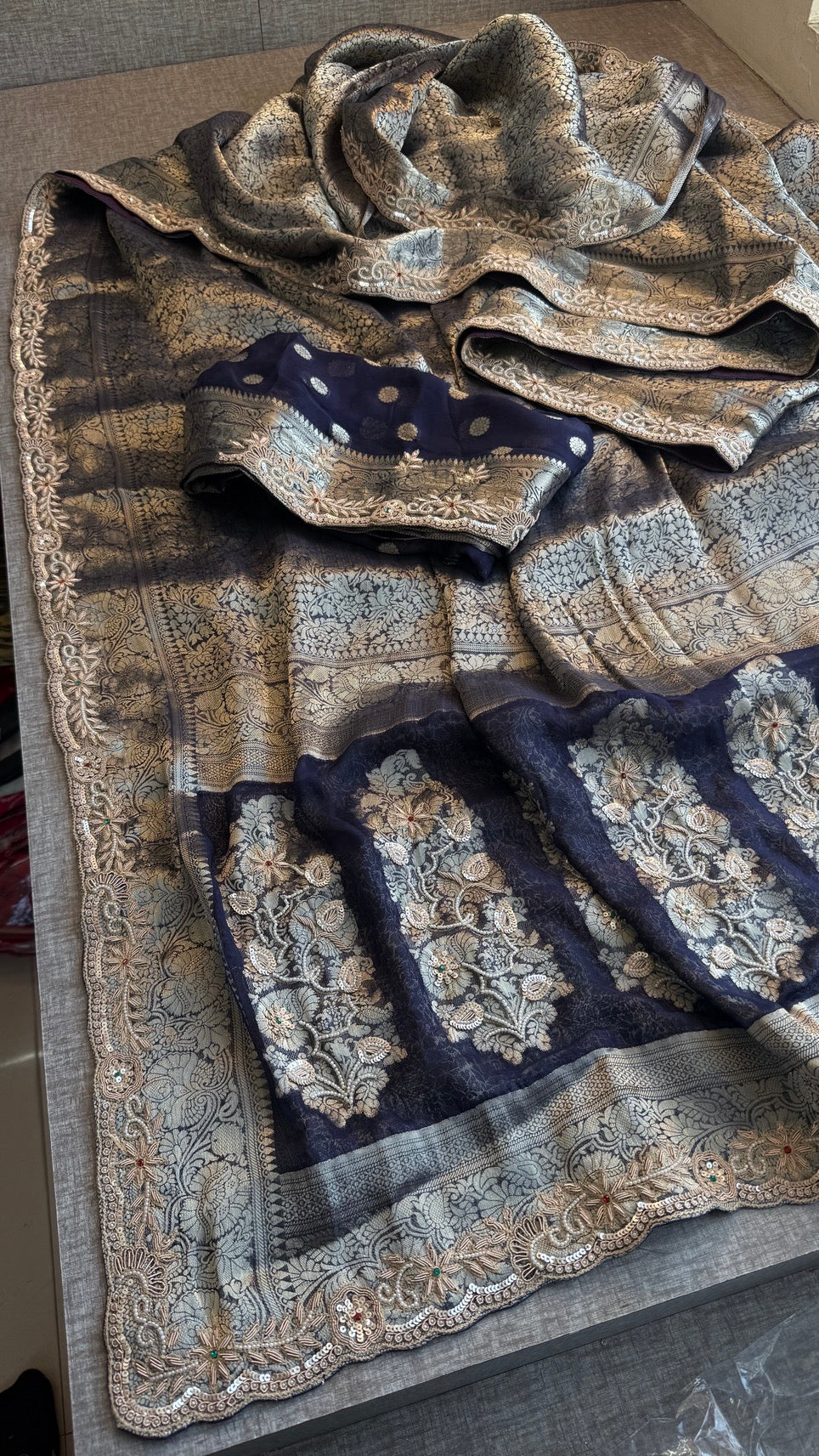 Wedding Wear Banarasi Khaddi Georgette Saree with Pearl Sequin Gotapatti Work