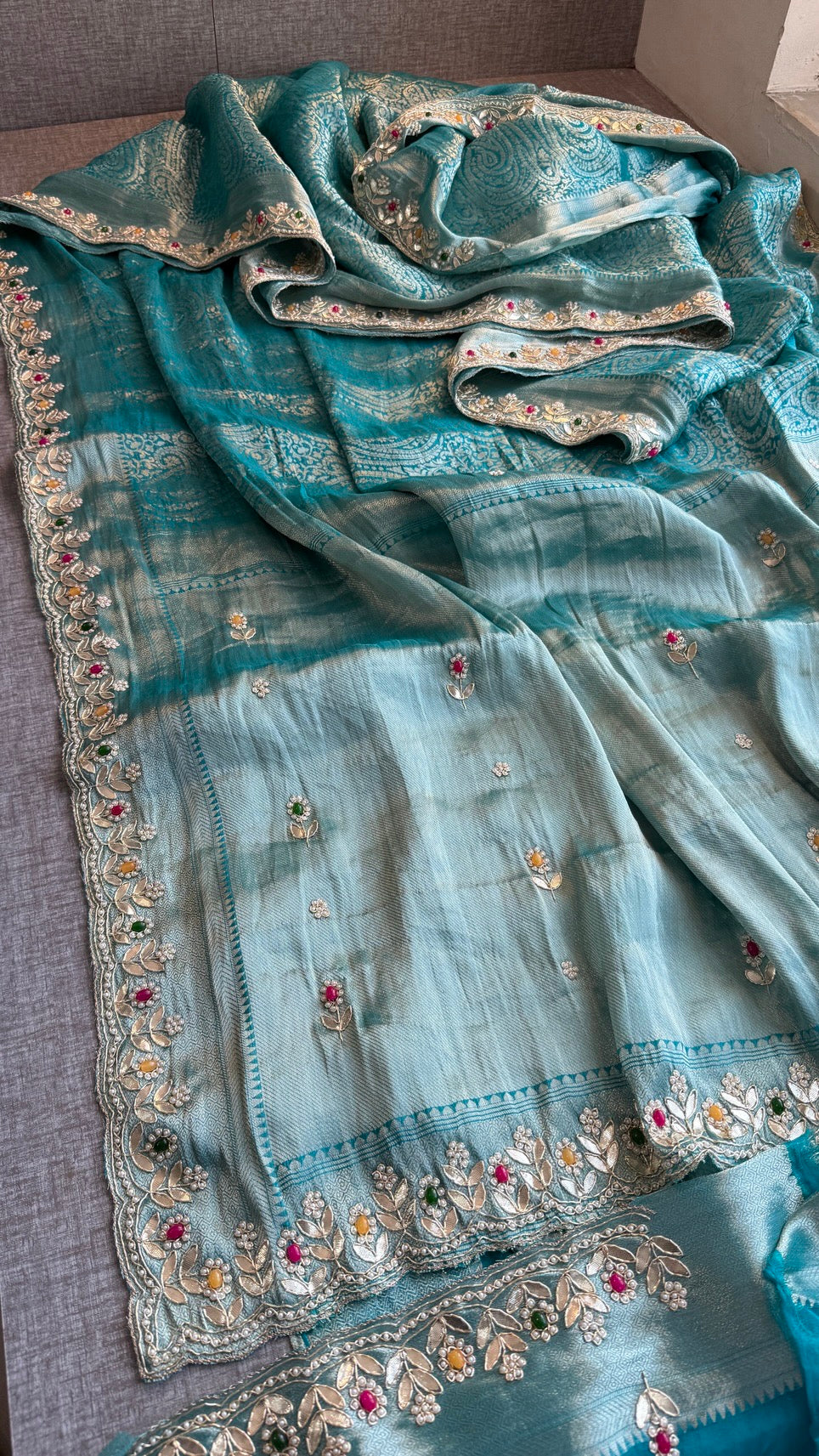 Royal Khaddi Georgette Banarasi Zari Weaving Saree with Gotapatti & Jewellery Stone Embellishment
