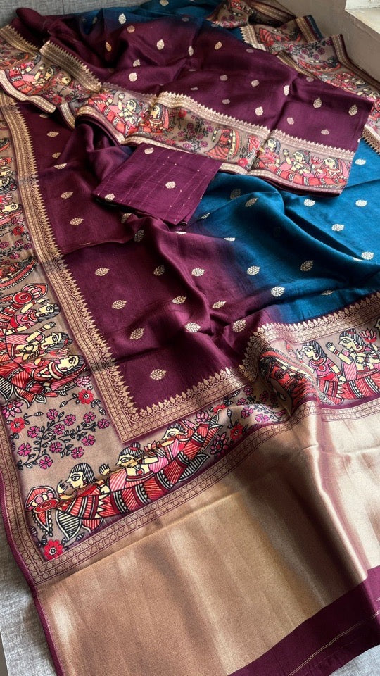 Soft Munga Silk Banarasi Kanni Weaving Saree with Madhubani Border