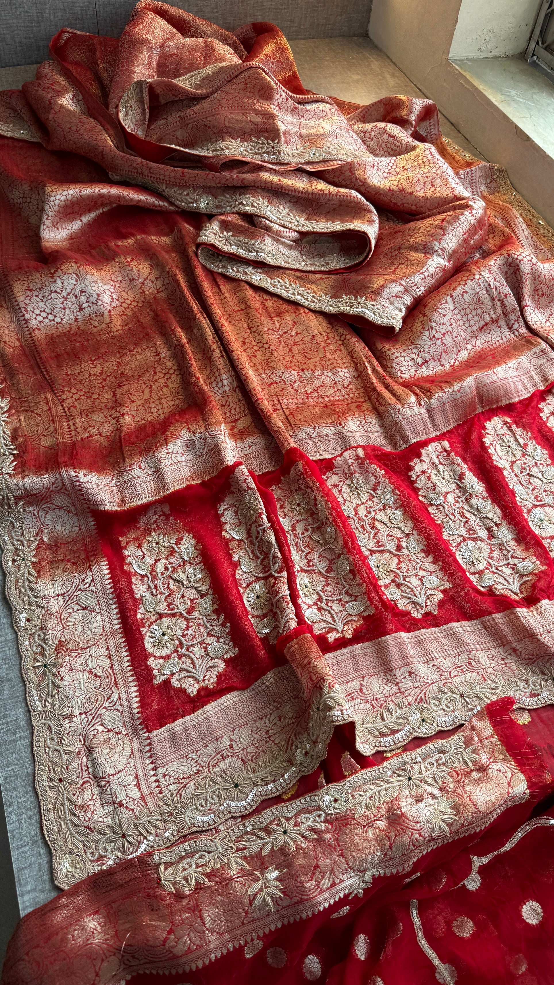 Wedding Wear Banarasi Khaddi Georgette Saree with Pearl Sequin Gotapatti Work
