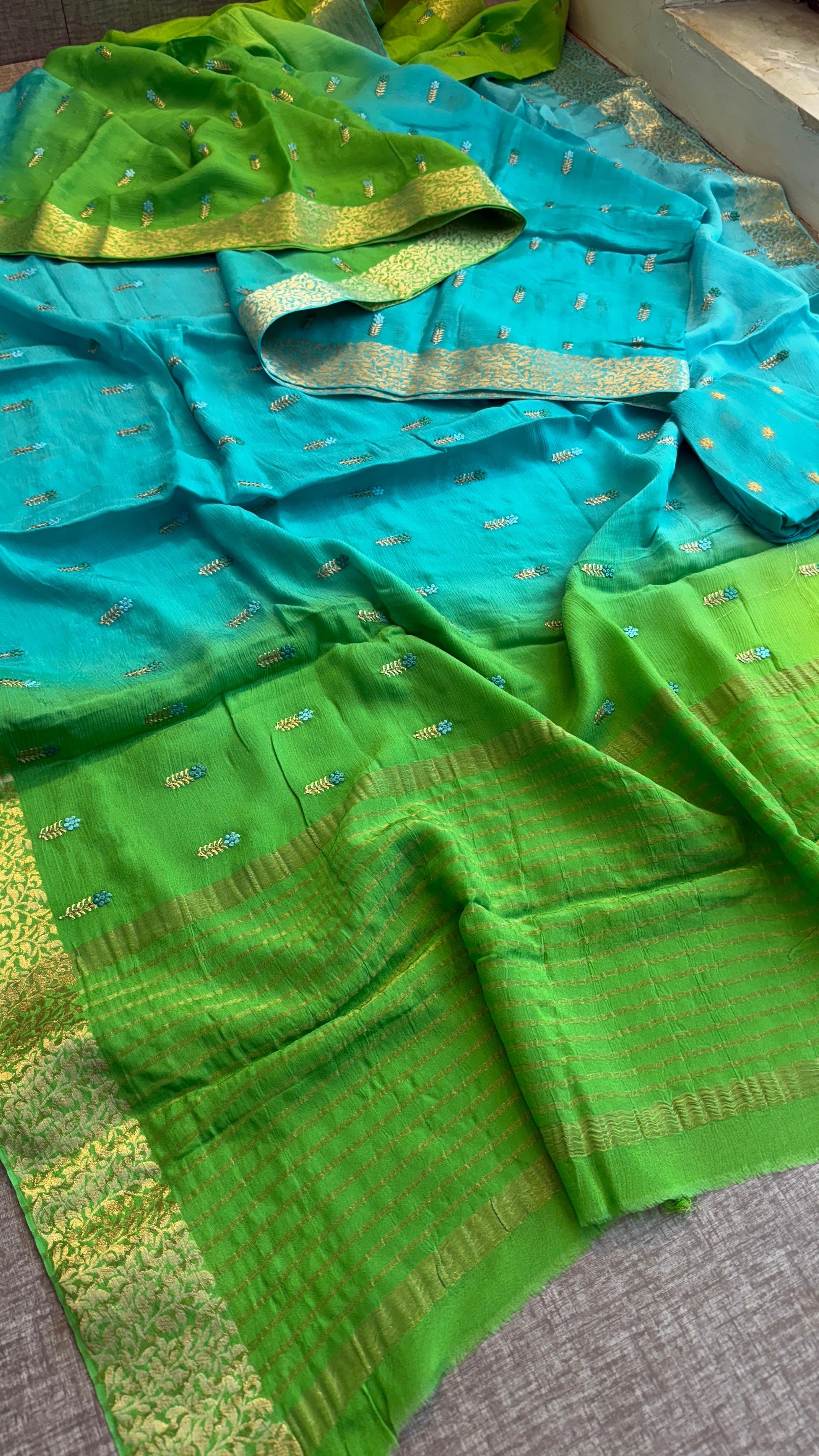 Pure chinon crepe Embroidered Saree