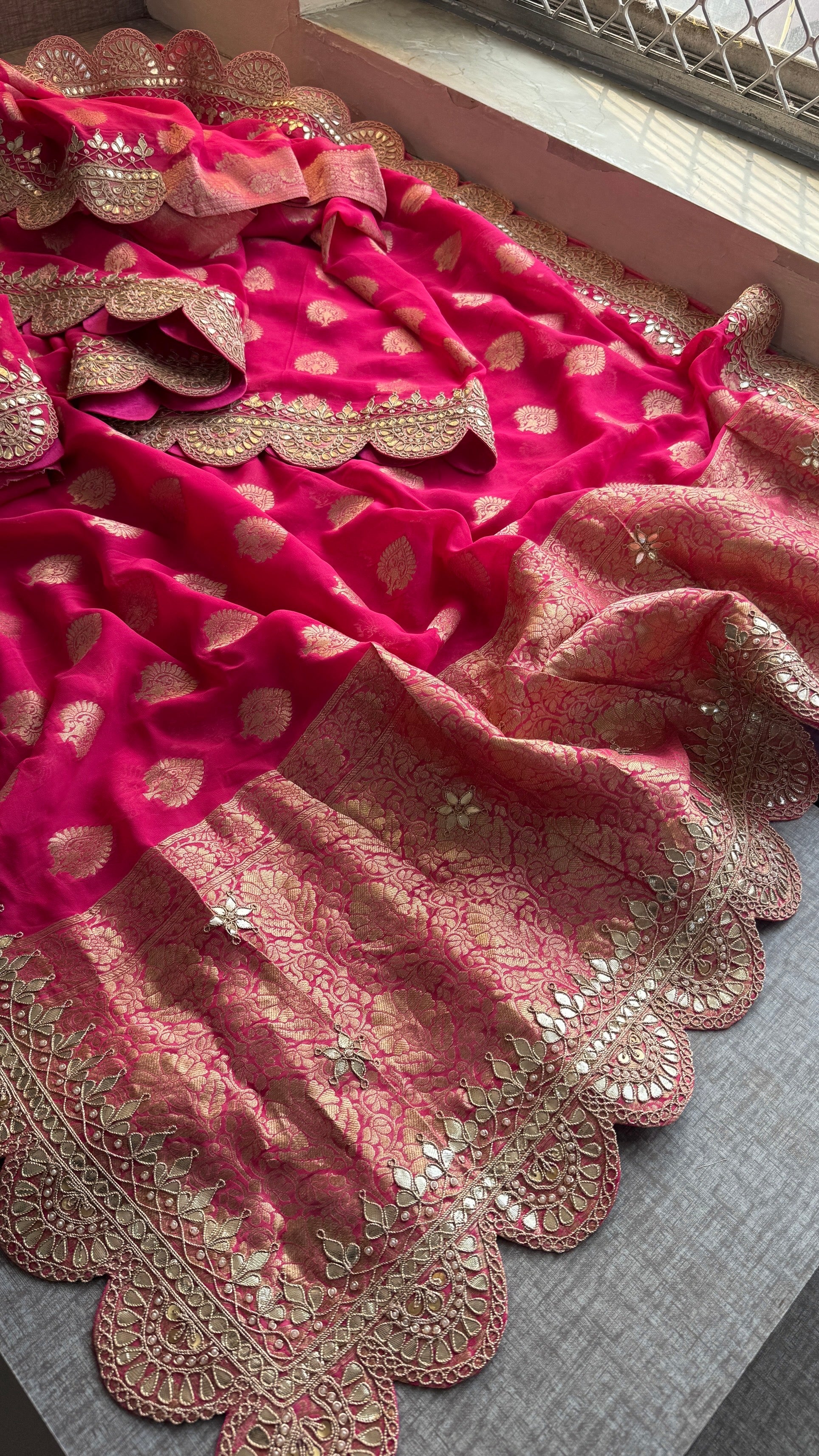 Royal Hot Pink Khaddi Georgette Banarasi Saree with Intricate Gotapatti, Zardozi & Pearl Scalloped Border