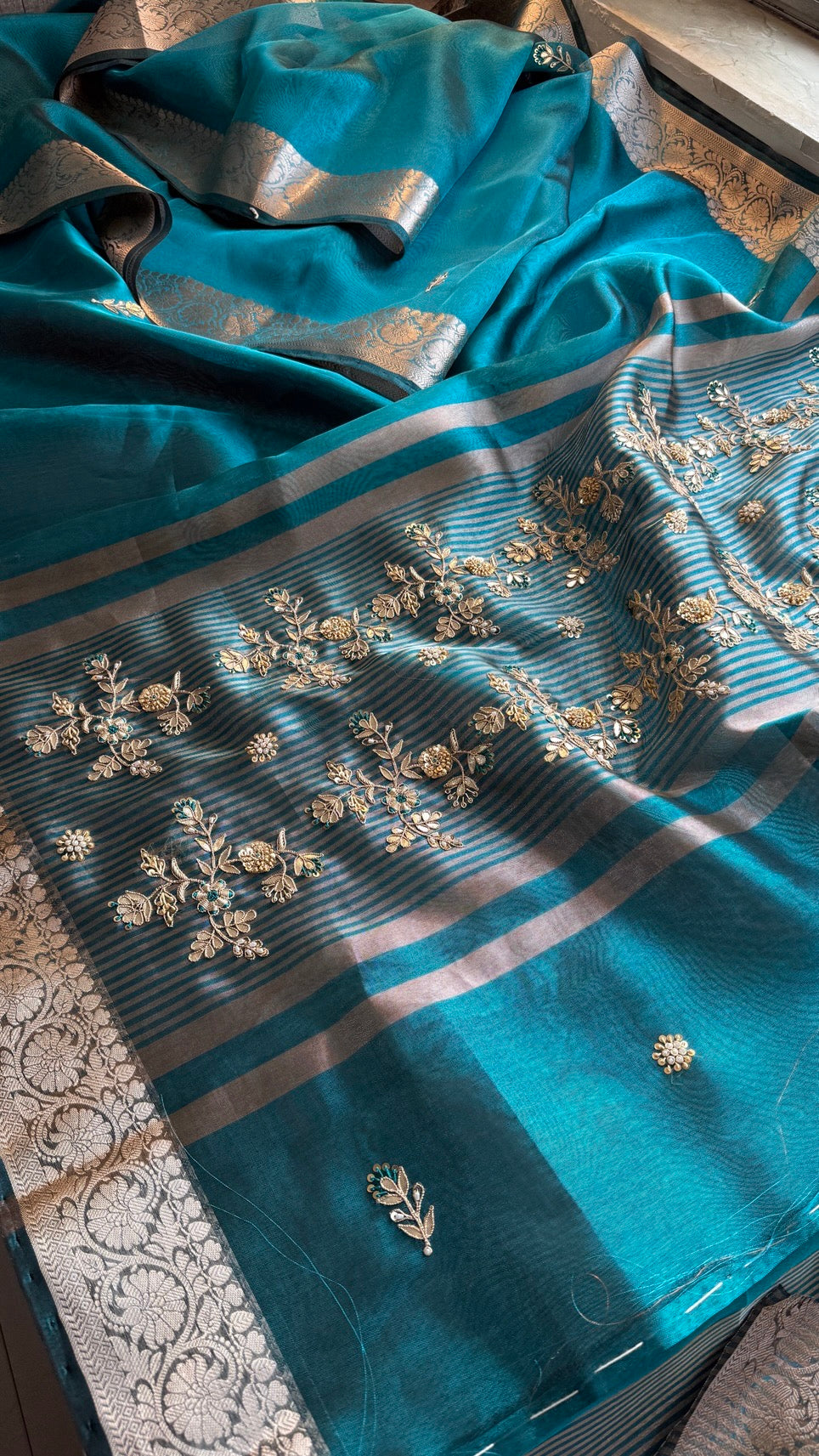 Pure Soft Silk Banarasi Weaving Saree with Zardozi Gotapatti & Pearl Sequins Pallu