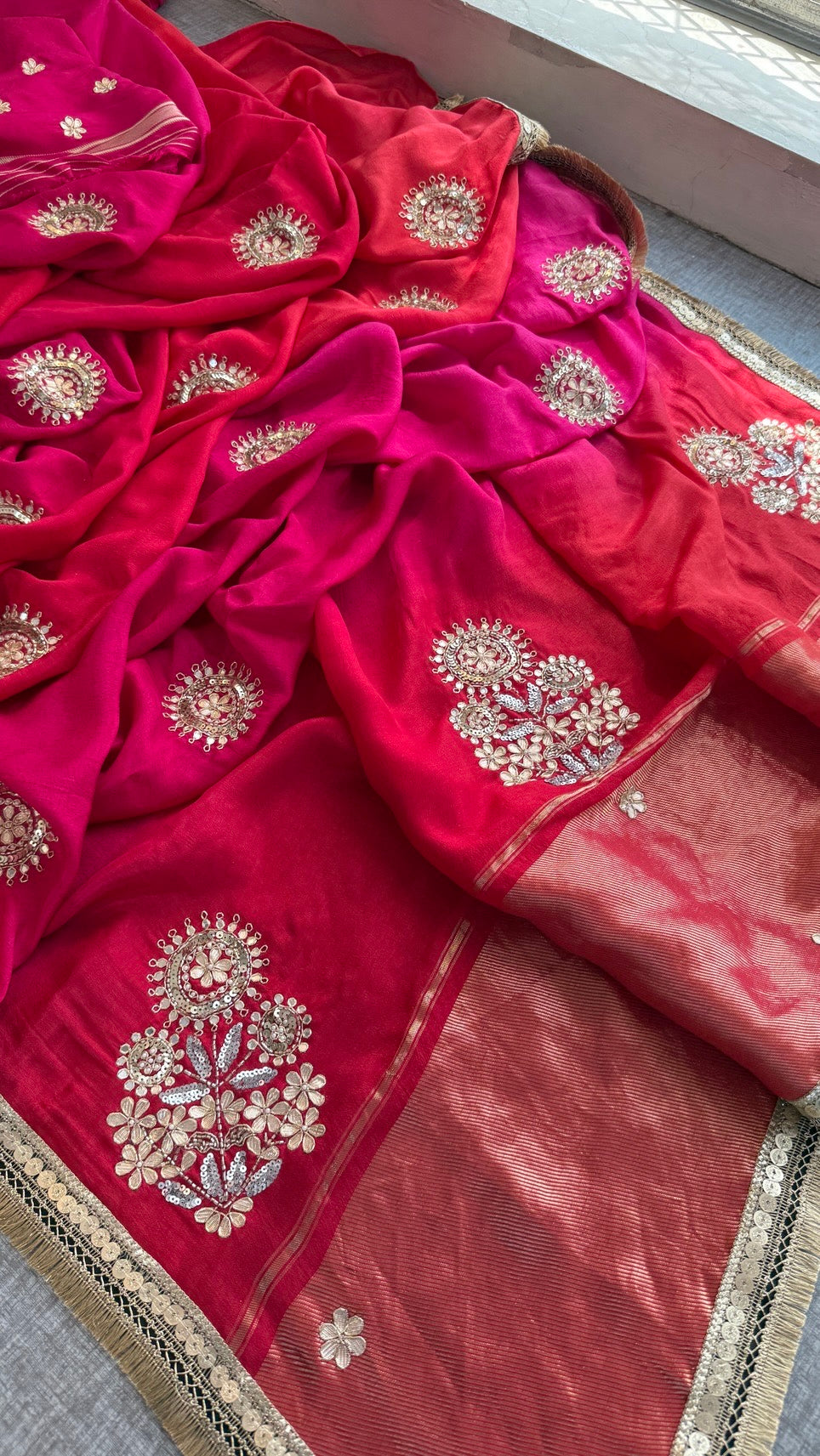 Pure Munga Silk Lakdi Patta Banarasi Saree with Gotapatti, Zardozi & Pearl Work