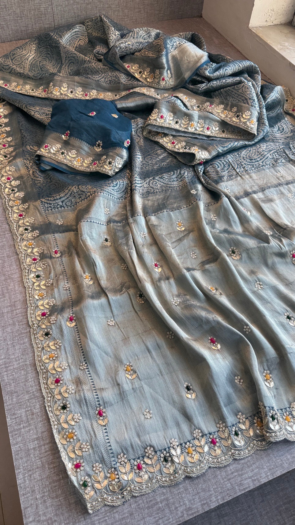 Royal Khaddi Georgette Banarasi Zari Weaving Saree with Gotapatti & Jewellery Stone Embellishment