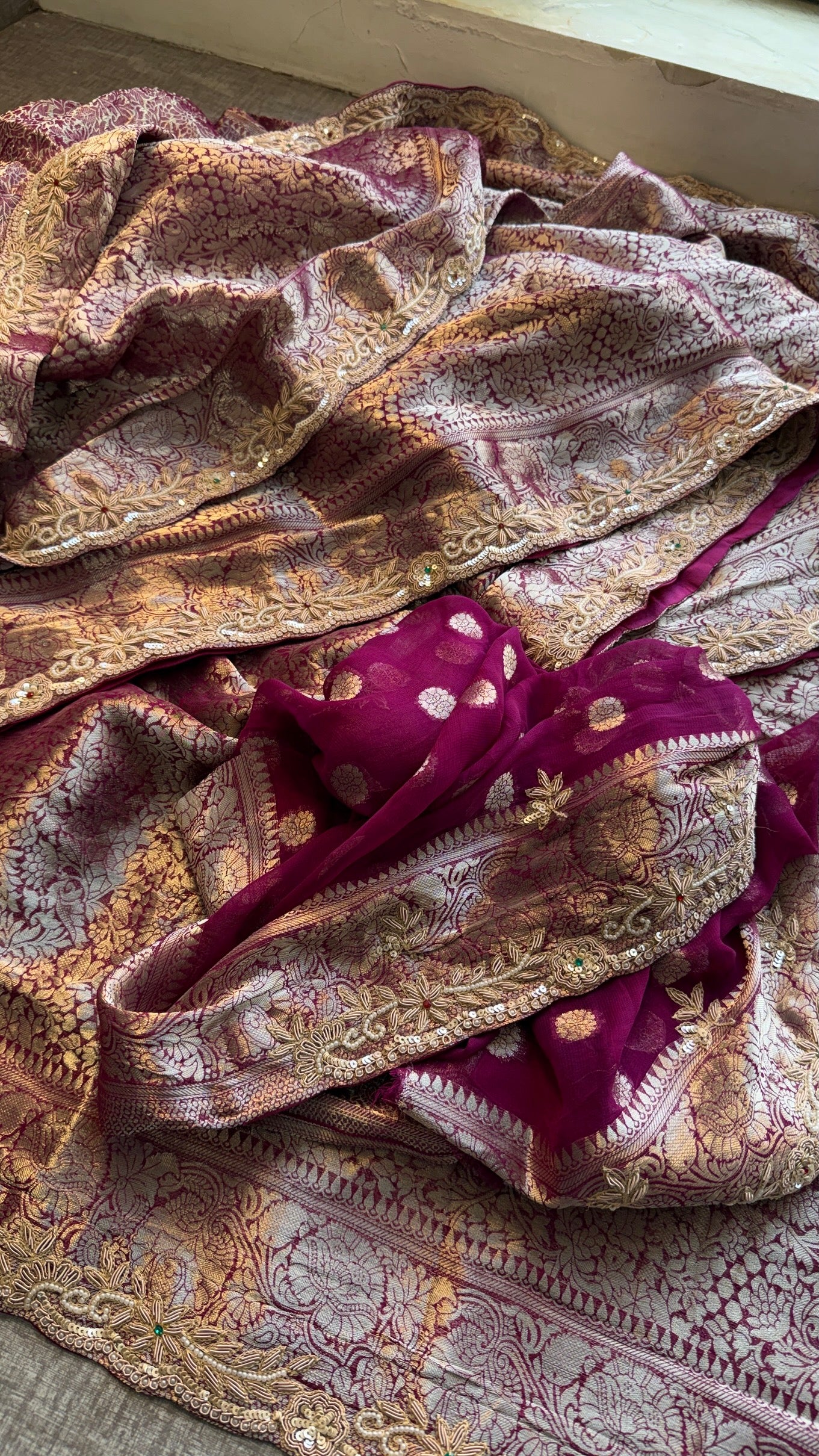 Wedding Wear Banarasi Khaddi Georgette Saree with Pearl Sequin Gotapatti Work