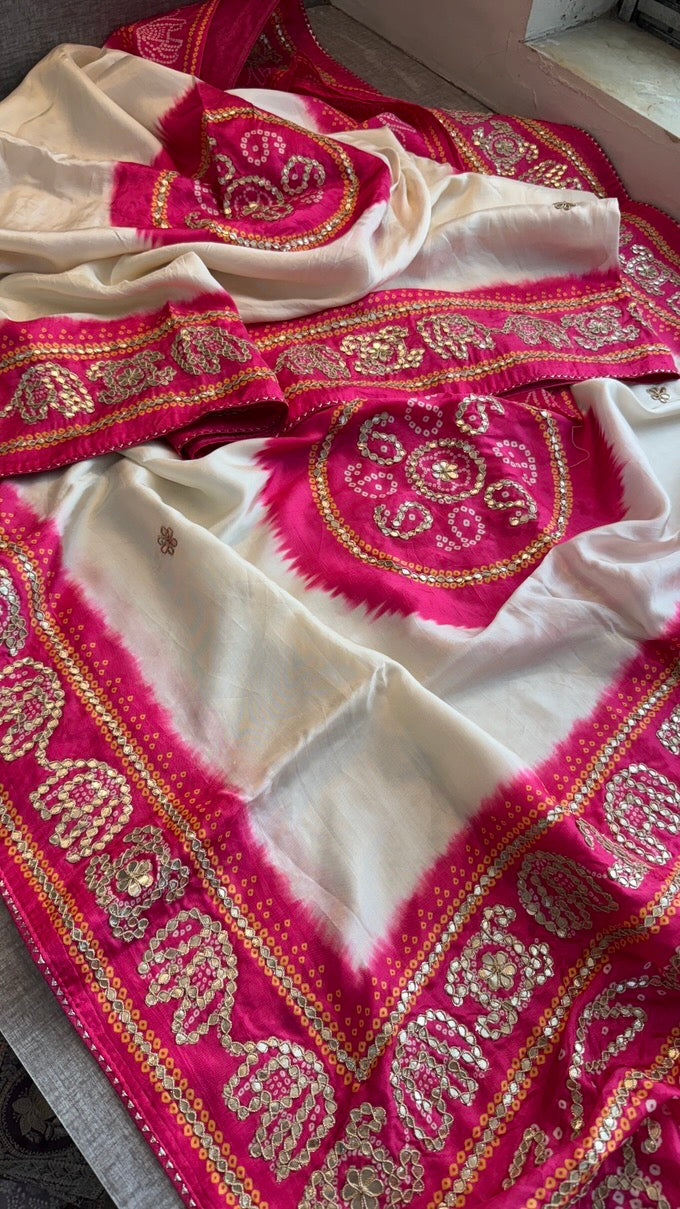 Pure Munga Silk Saree with Elephant Motifs & Gota Patti Work