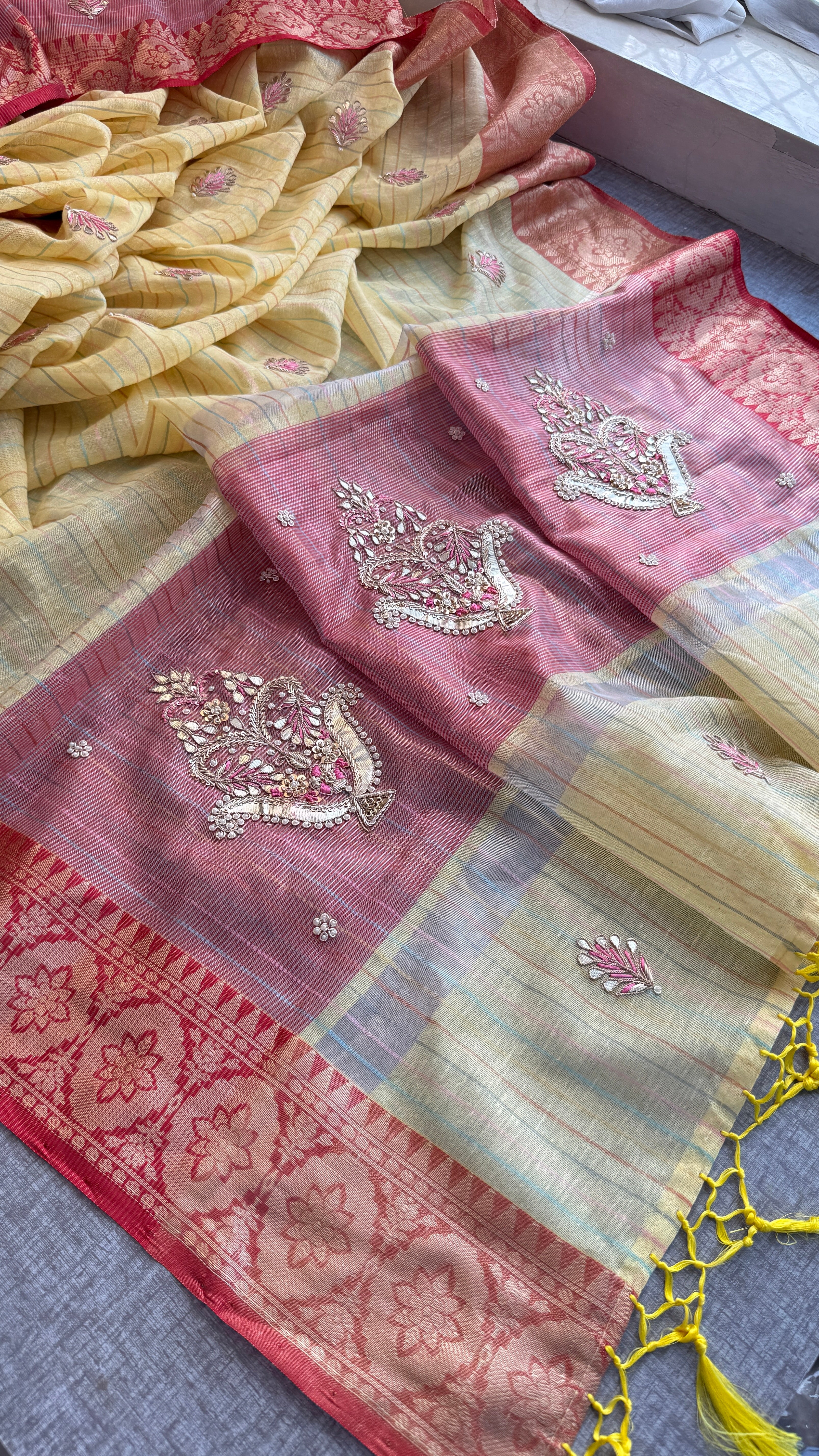 100%pure Tissue Linen Silk saree with Banarasi Weaving