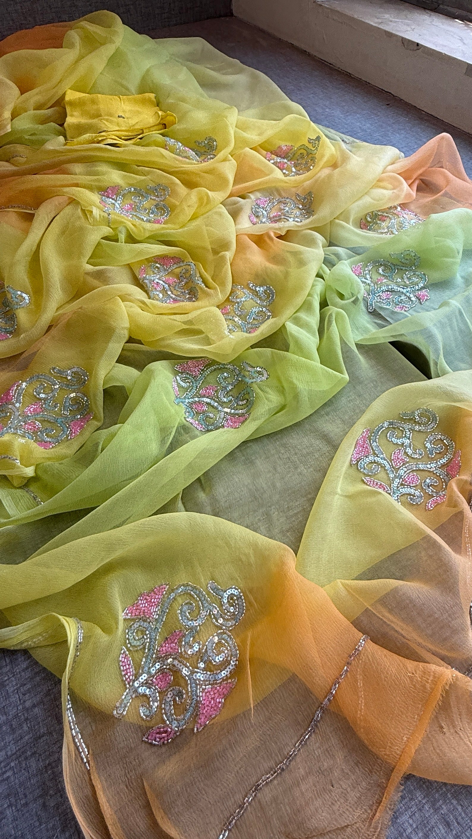 Pure Chiffon Embroidered Saree with Matching Blouse