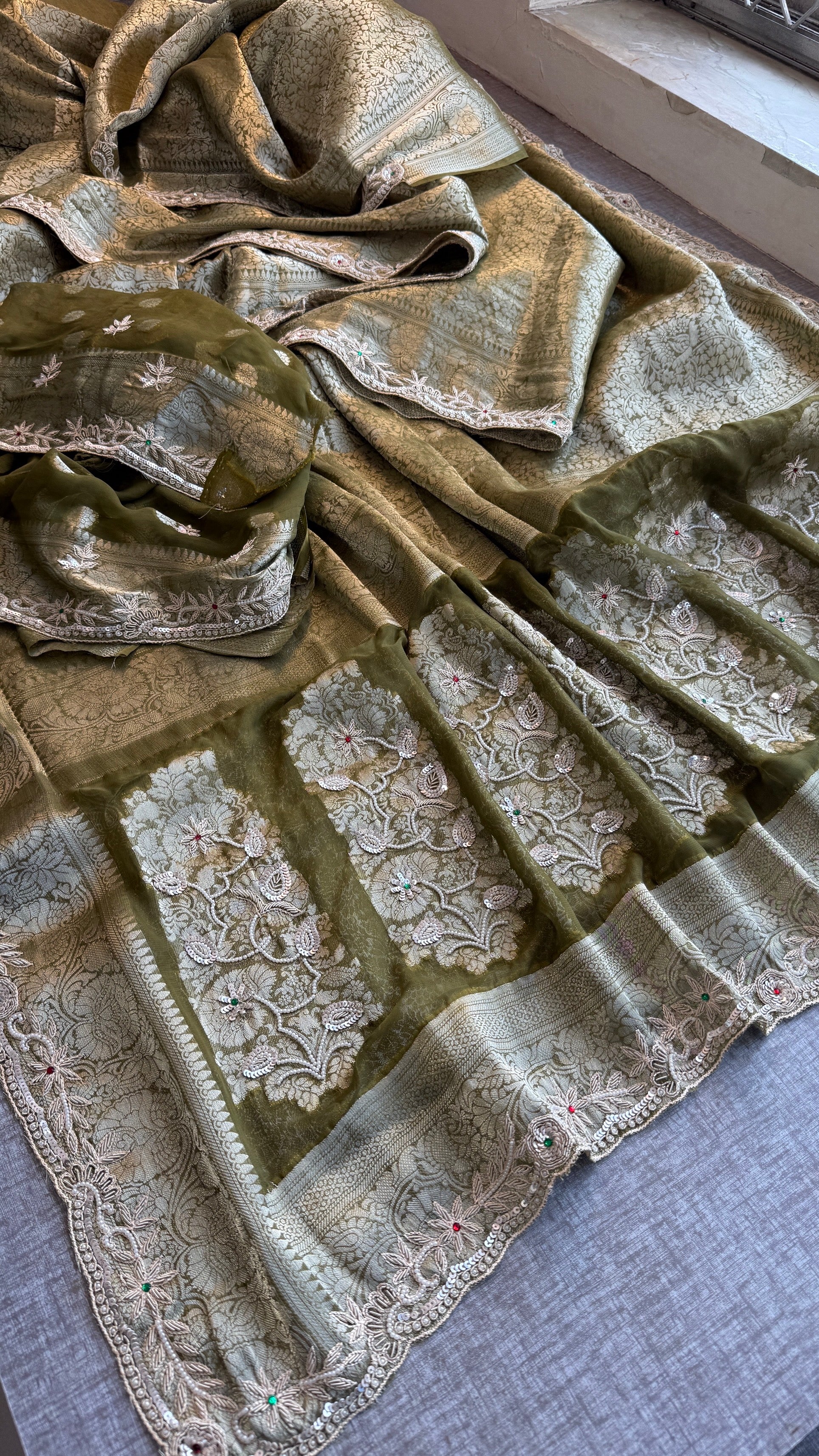 Wedding Wear Banarasi Khaddi Georgette Saree with Pearl Sequin Gotapatti Work