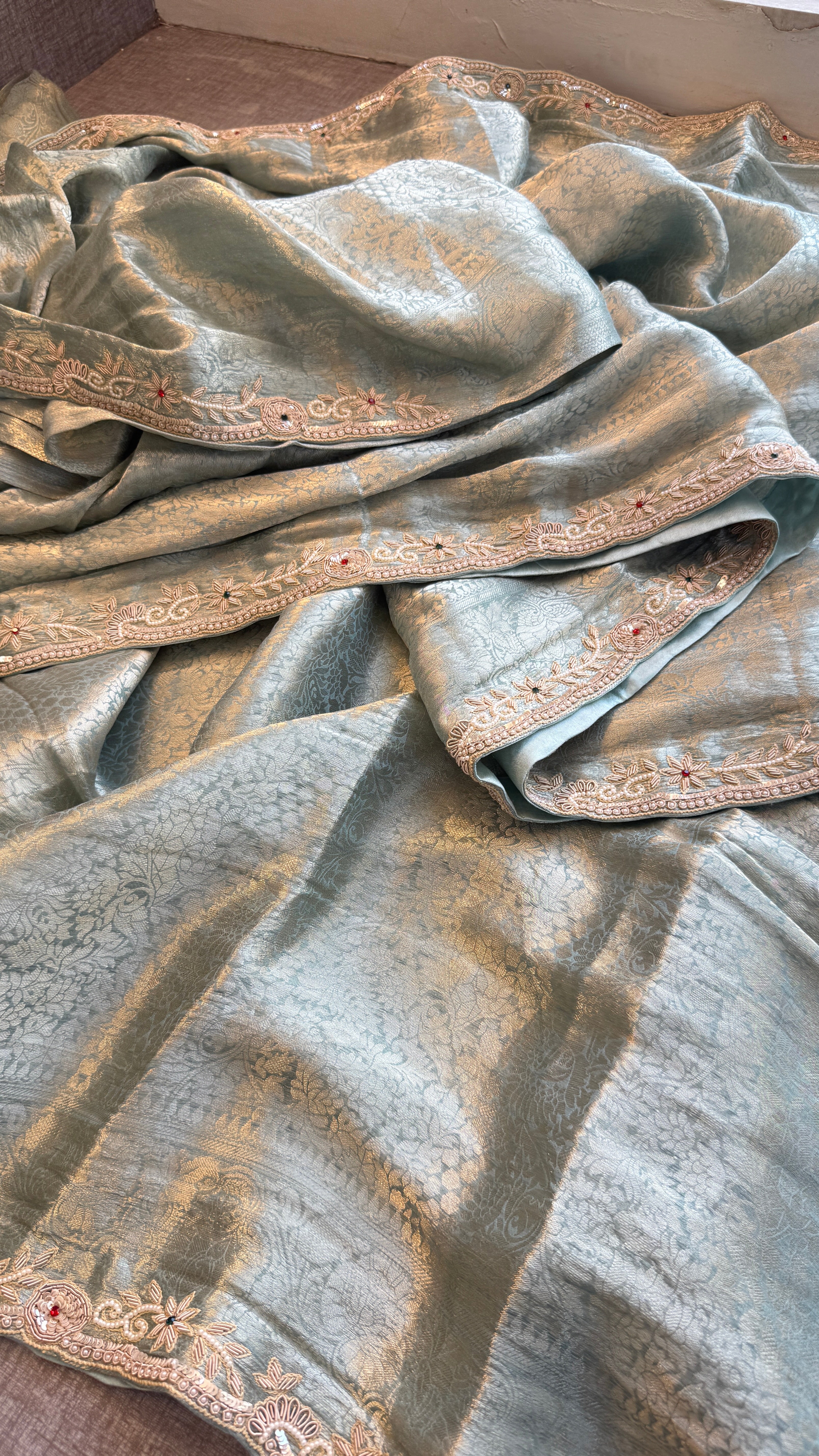 Pure Khaddi Georgette saree Adorned With Zardozi, Sequins , Pearl and Stone