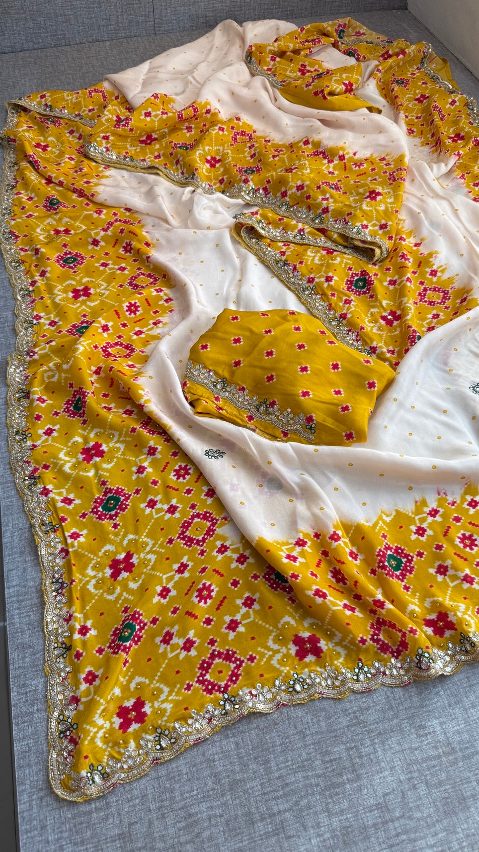 Soft Munga Silk Digital Print Saree with Zardozi, Kutdana, Pearl, Sequins & Stone Work with Designer Blouse