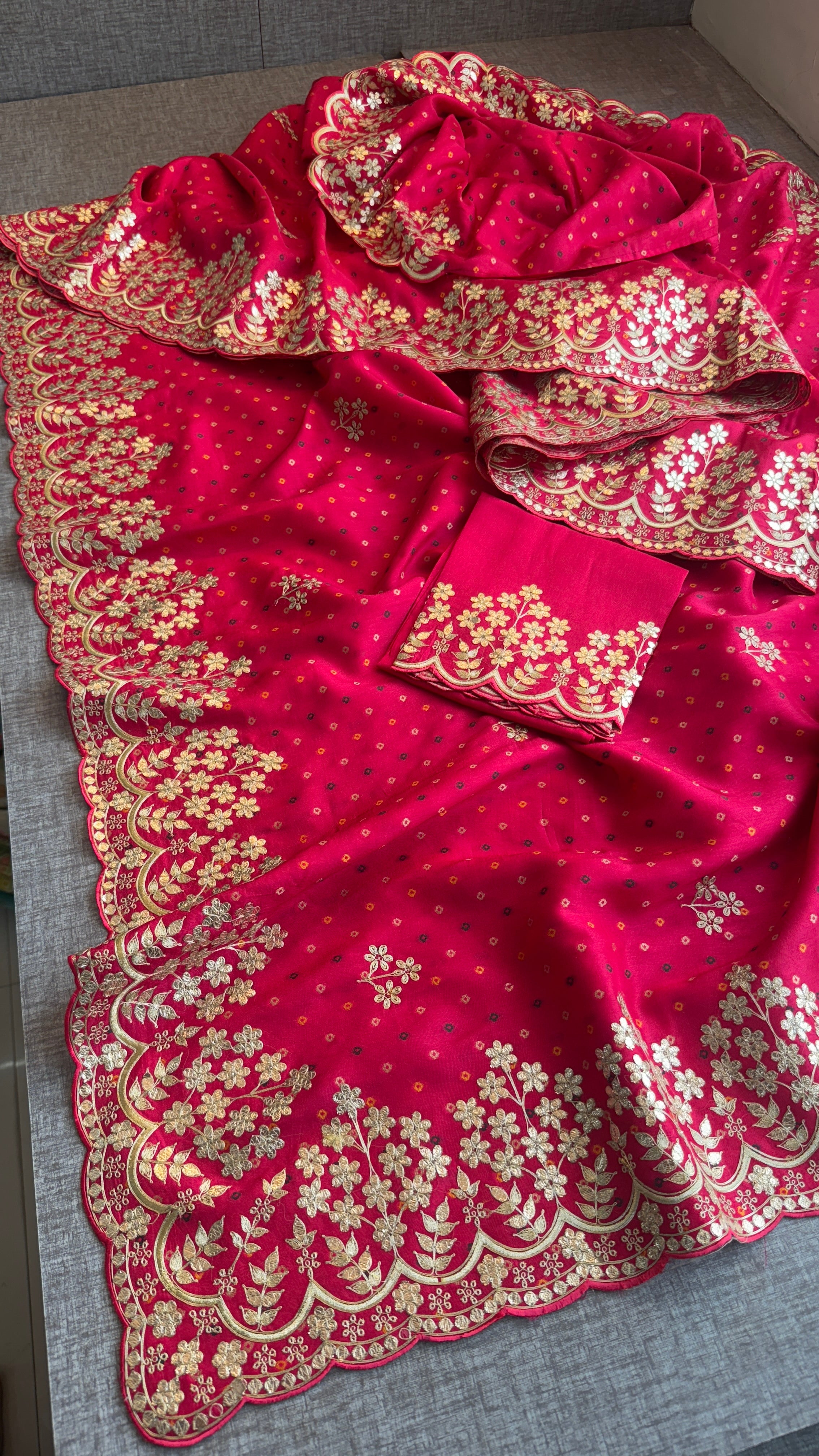 Rani Pink Soft Silk Bandhani Saree - Embroidered Designer Bridal
