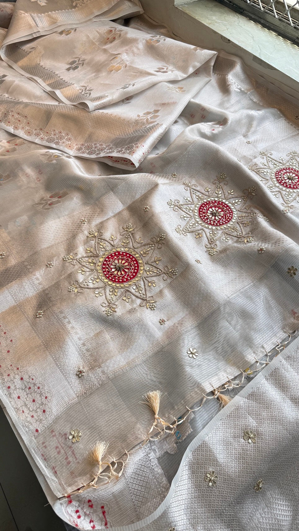 Pure Soft Tissue Silk Banarasi Weaving Saree with Heavy Zardozi & Gotapatti Work