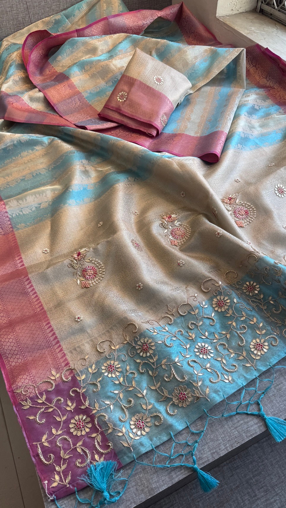 Pure Soft Tissue Silk Saree with Heavy Pallid Brocade & Banarasi Zari Border