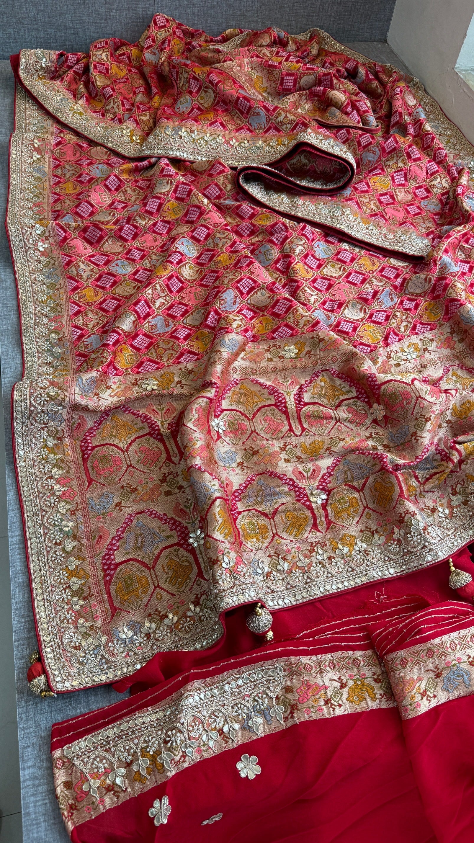 Khaddi georgette Banarasi weaving Saree with gotapatti work and tussles over pallu
