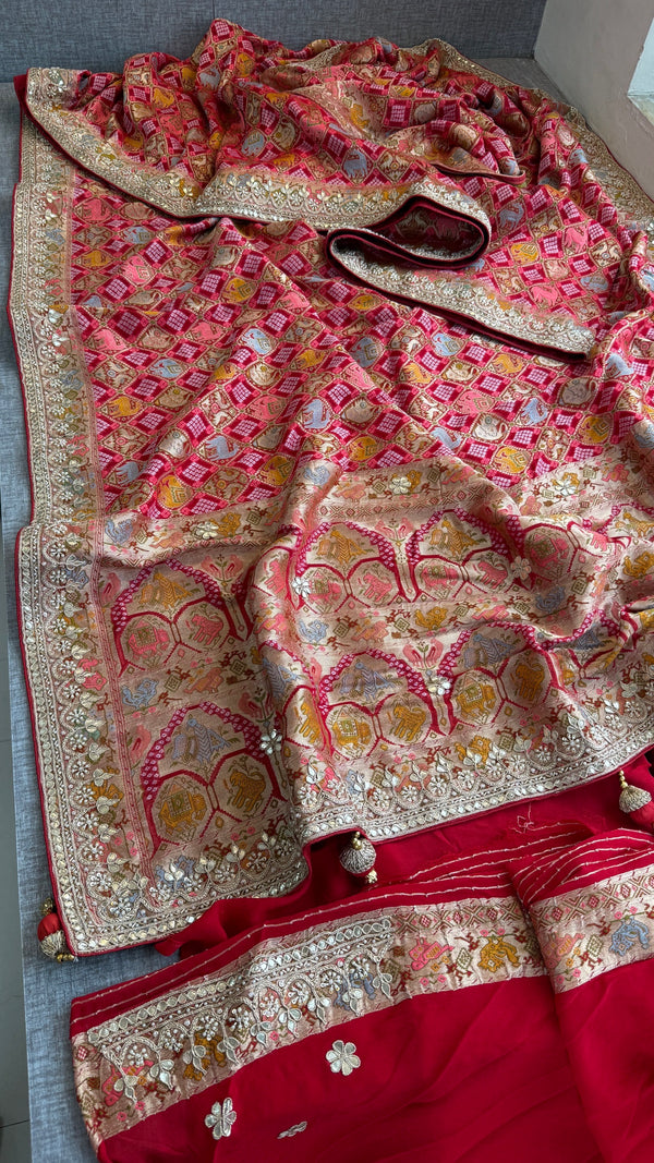 Khaddi georgette Banarasi weaving Saree with gotapatti work and tussles over pallu