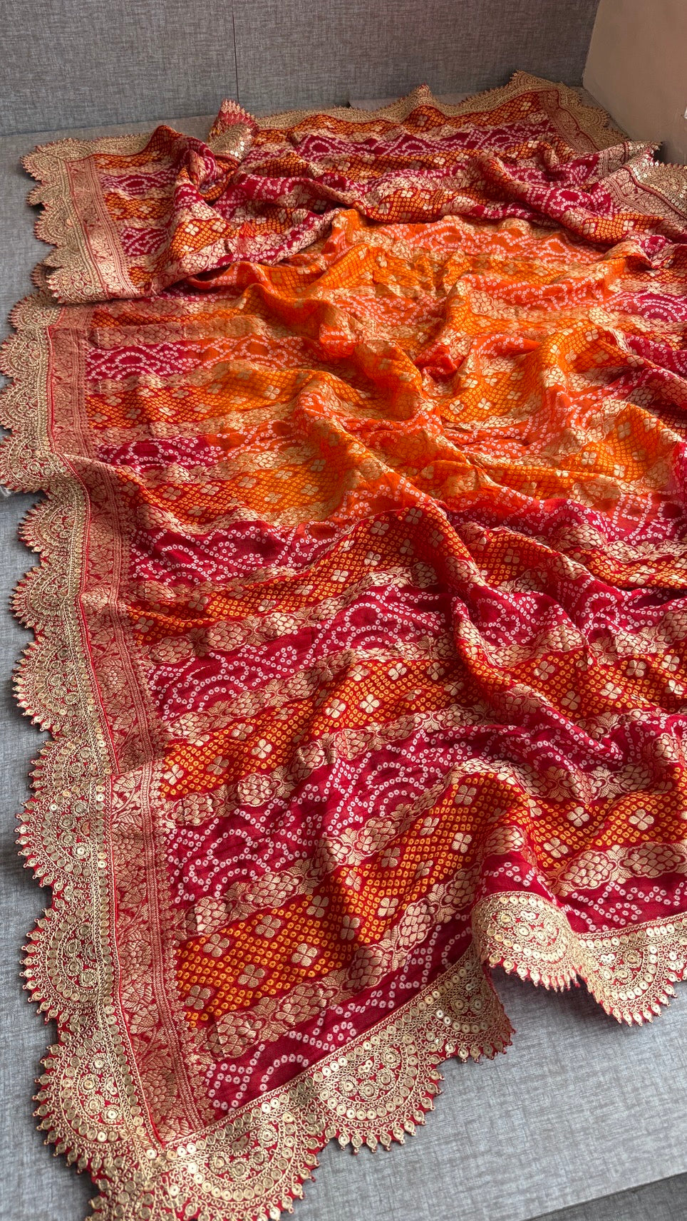 Handloom Khaddi Georgette Bandhej Dupatta with Banarasi Weaving and Scallop Border