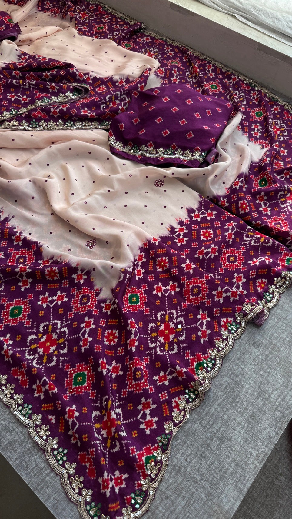 Soft Munga Silk Digital Print Saree with Zardozi, Kutdana, Pearl, Sequins & Stone Work with Designer Blouse