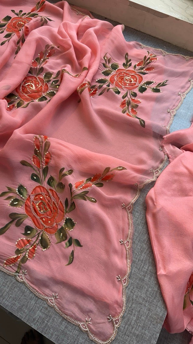 Pure Soft Organza Hand-Painted Saree,