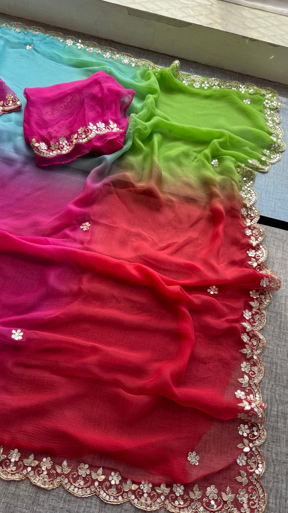 Soft Chiffon Saree Adorned with Elegant Kasab & Gota Patti Handwork