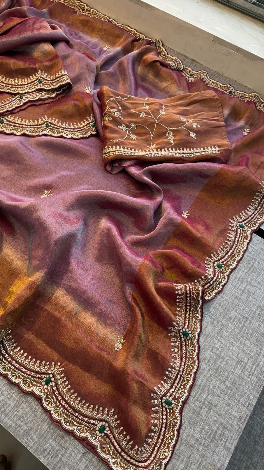 Cosmo Silk Saree with Cutdana, Pearl & Resham Work | Designer Blouse & Stone Embellished Party Wear