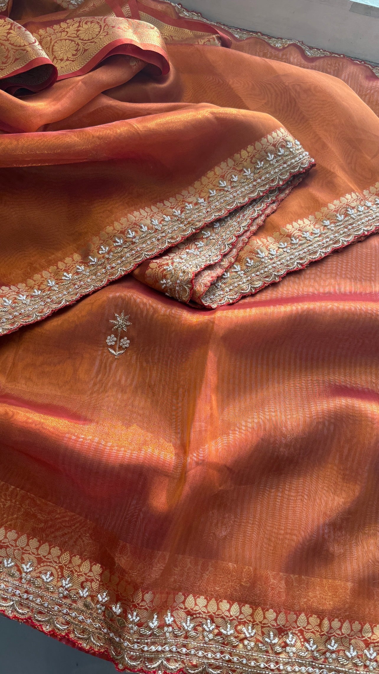 Tissue silk Saree with peacock handwork