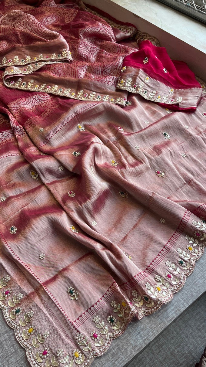 Royal Khaddi Georgette Banarasi Zari Weaving Saree with Gotapatti & Jewellery Stone Embellishment
